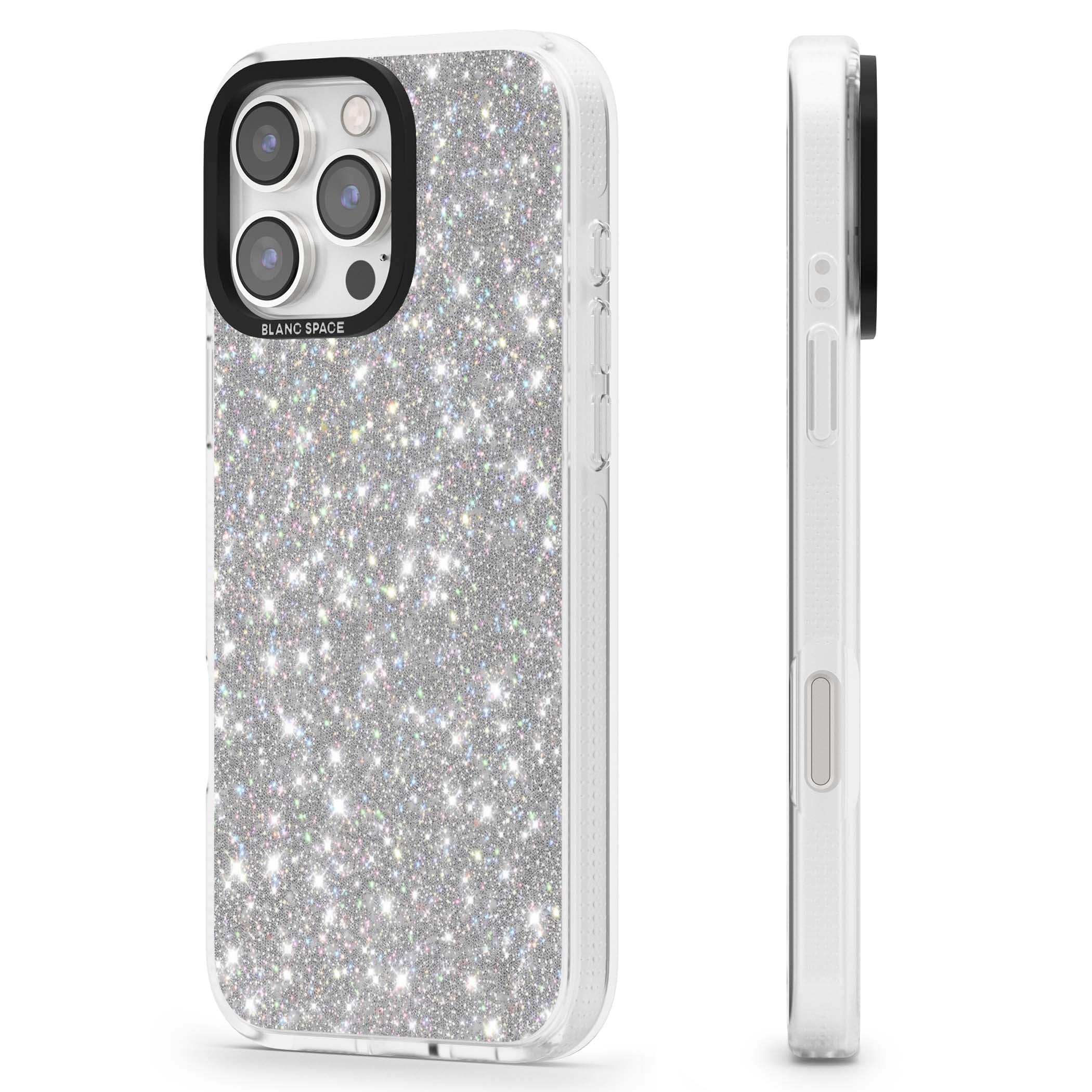 Diamond glam iPhone case featuring silver glitter sparkle and shimmering diamond dust effect | Clear Case Impact Air case for iPhone 16 Pro, iPhone 16 Pro Max