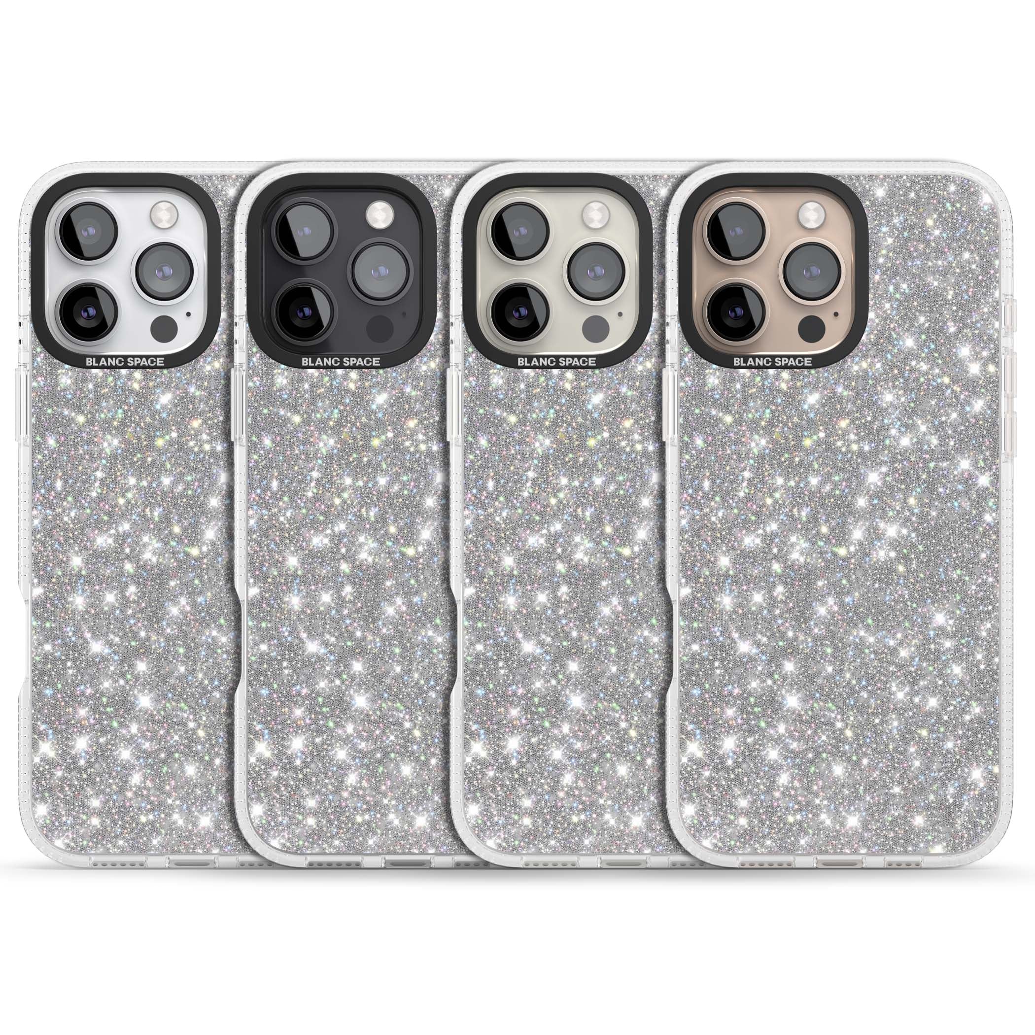 Diamond glam iPhone case featuring silver glitter sparkle and shimmering diamond dust effect | Clear Case Impact Air case for iPhone 16 Pro, iPhone 16 Pro Max