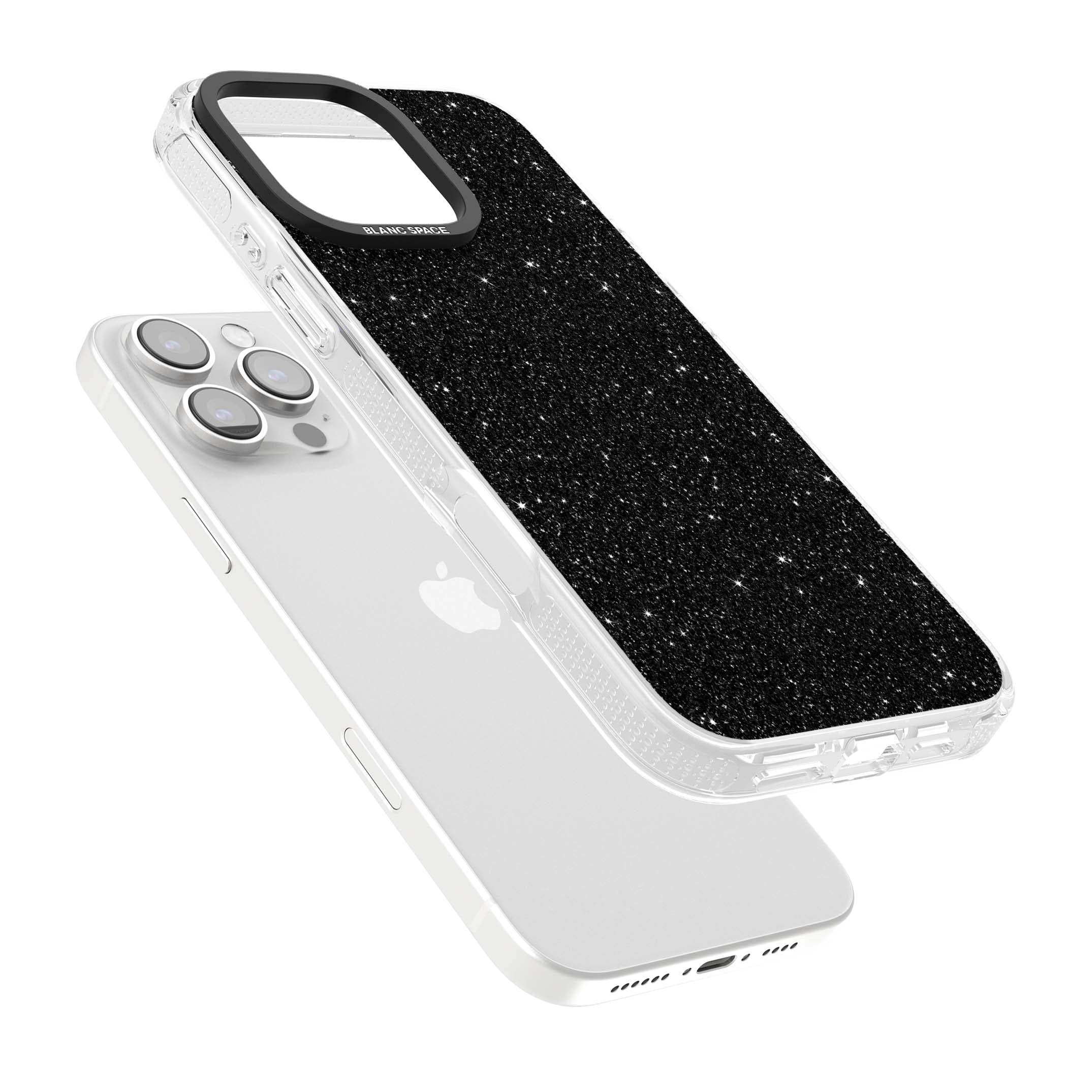 Black Glitter black glitter iPhone case featuring an all-over sparkly shimmer pattern on a jet black base | Clear Case Impact Air case for iPhone 16 Pro, iPhone 16 Pro Max