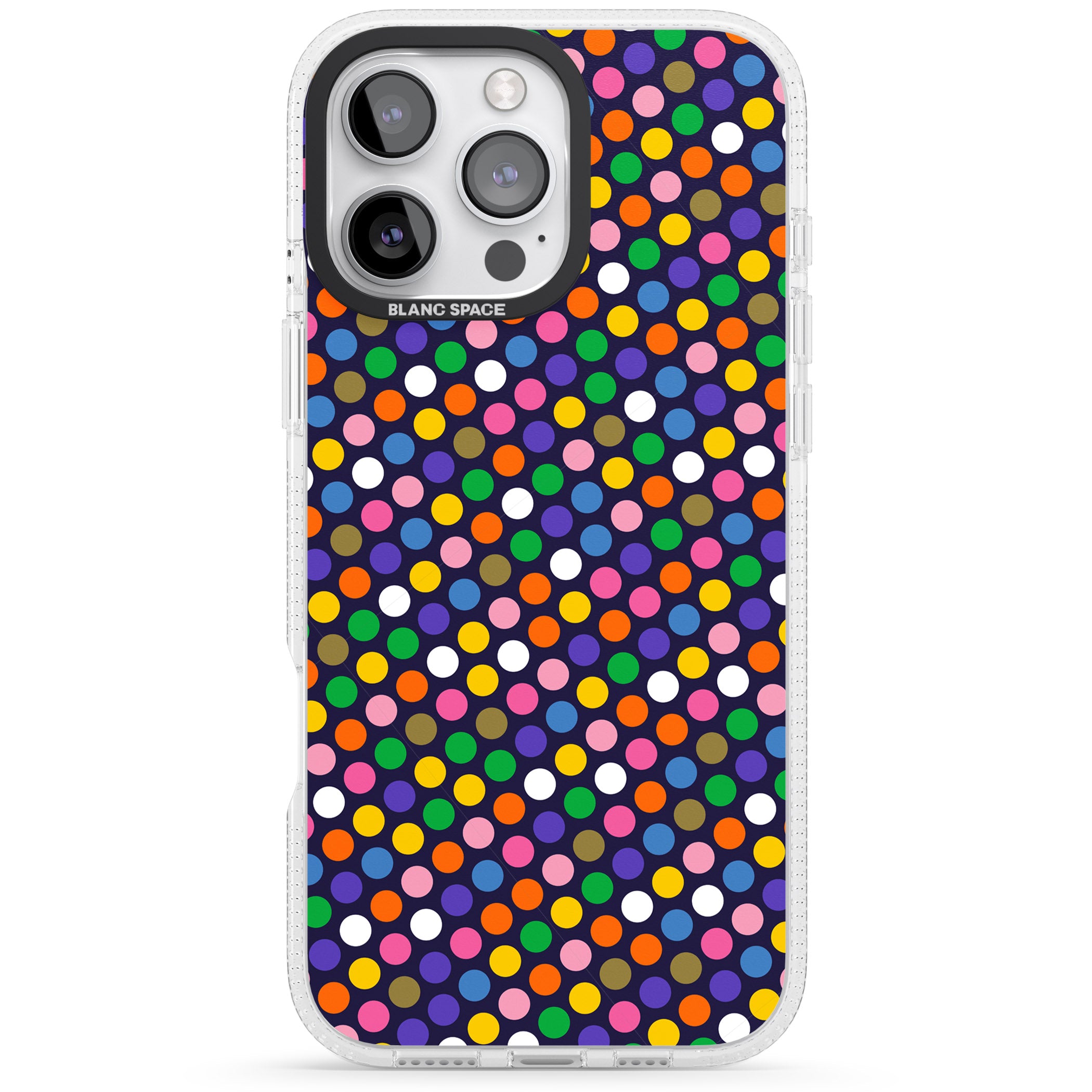Multicolour Polka-dot Fiesta (Purple) iPhone 16 Pro Max / 16 Pro Clear Case Impact Air - Blanc Space