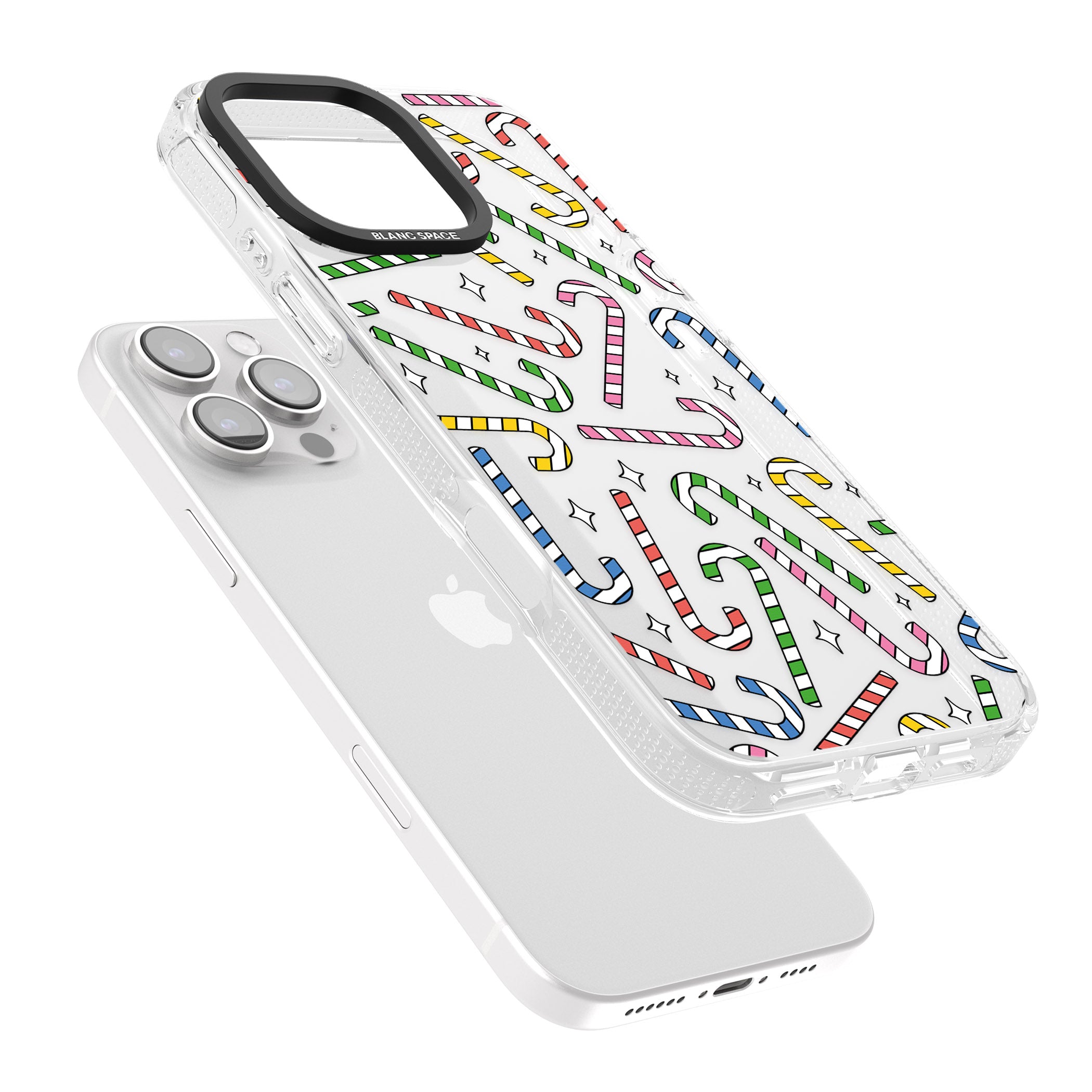 Colourful Stars & Candy Canes iPhone 16 Pro Max / 16 Pro Clear Case Impact Air - Blanc Space