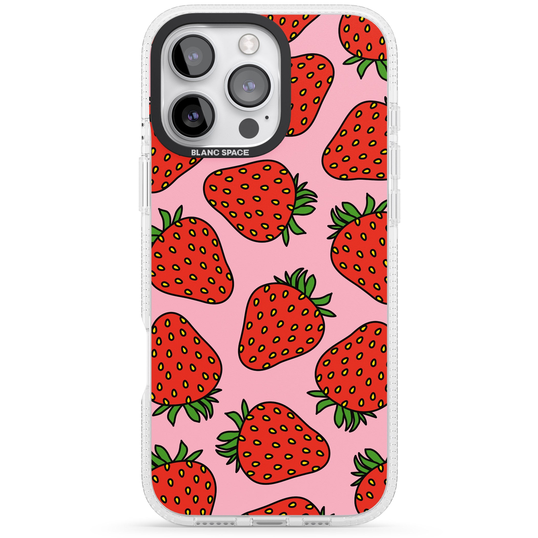 Strawberry Pattern (Pink) iPhone 16 Pro Max / 16 Pro Clear Case Impact Air - Blanc Space