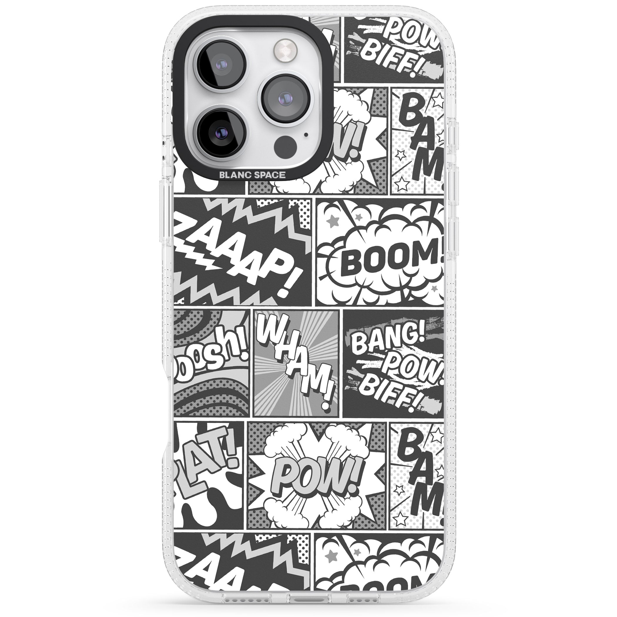 Onomatopoeia (Black & White) iPhone 16 Pro Max / 16 Pro Clear Case Impact Air - Blanc Space