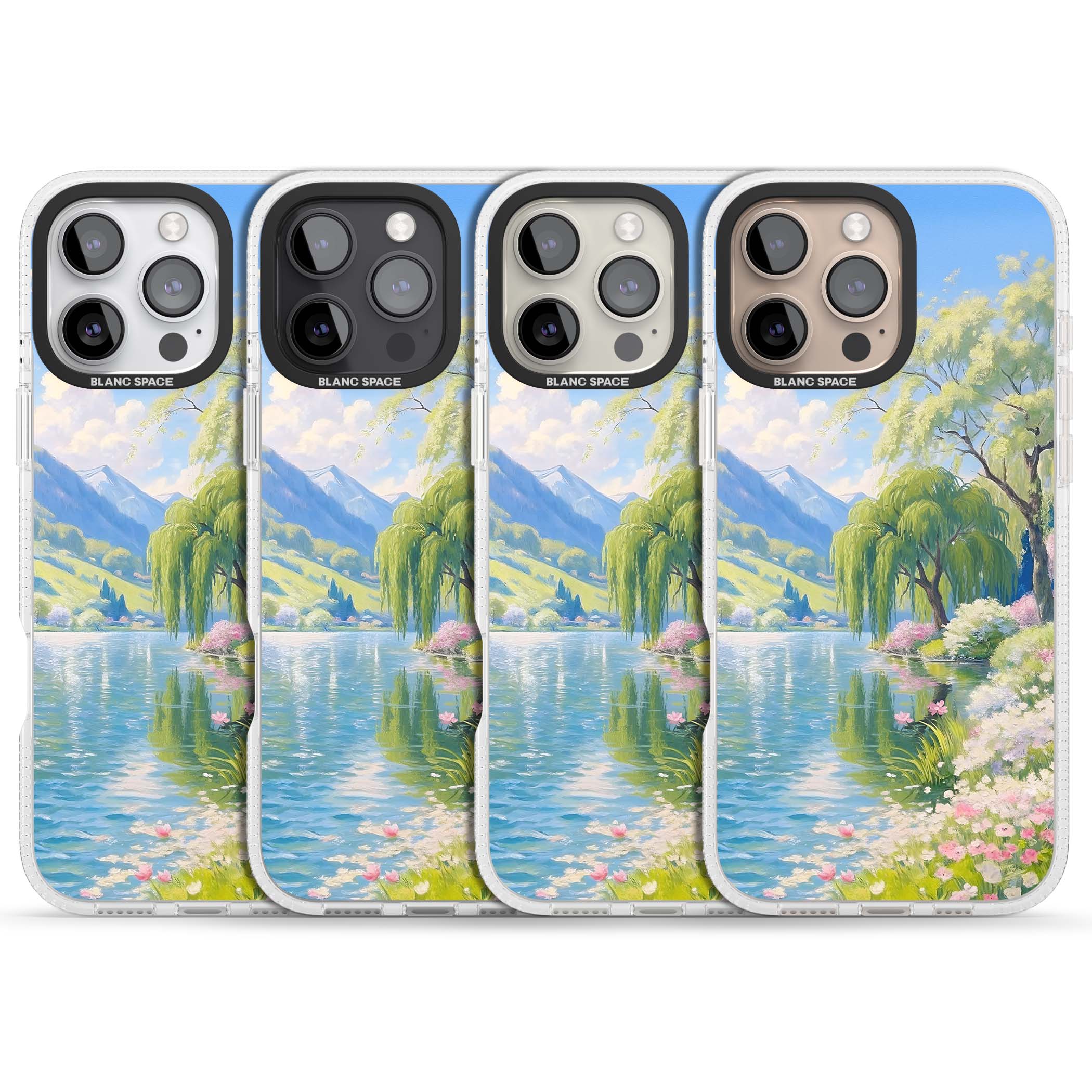 Willow Lake cottagecore iPhone case featuring a painted lakeside with weeping willow, blossoms and distant mountains | Clear Case Impact Air case for iPhone 16 Pro, iPhone 16 Pro Max