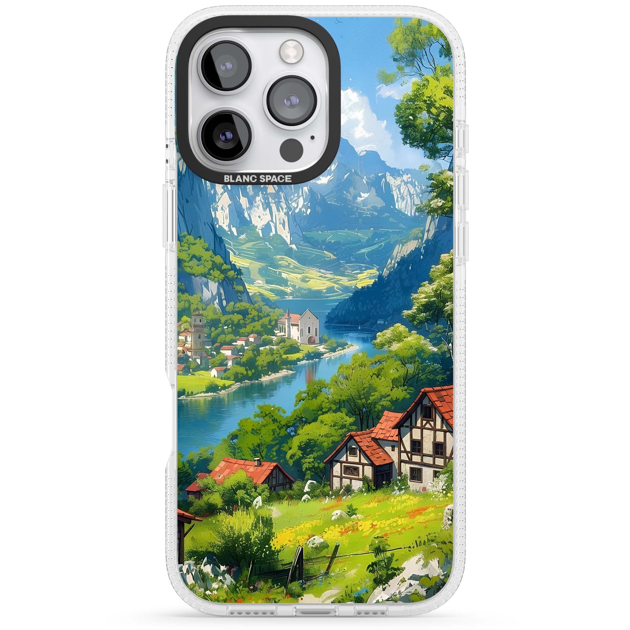 Village In The Valley anime iPhone case featuring a painted mountain village, river valley and half-timbered cottages. | Clear Case Impact Air case for iPhone 16 Pro, iPhone 16 Pro Max