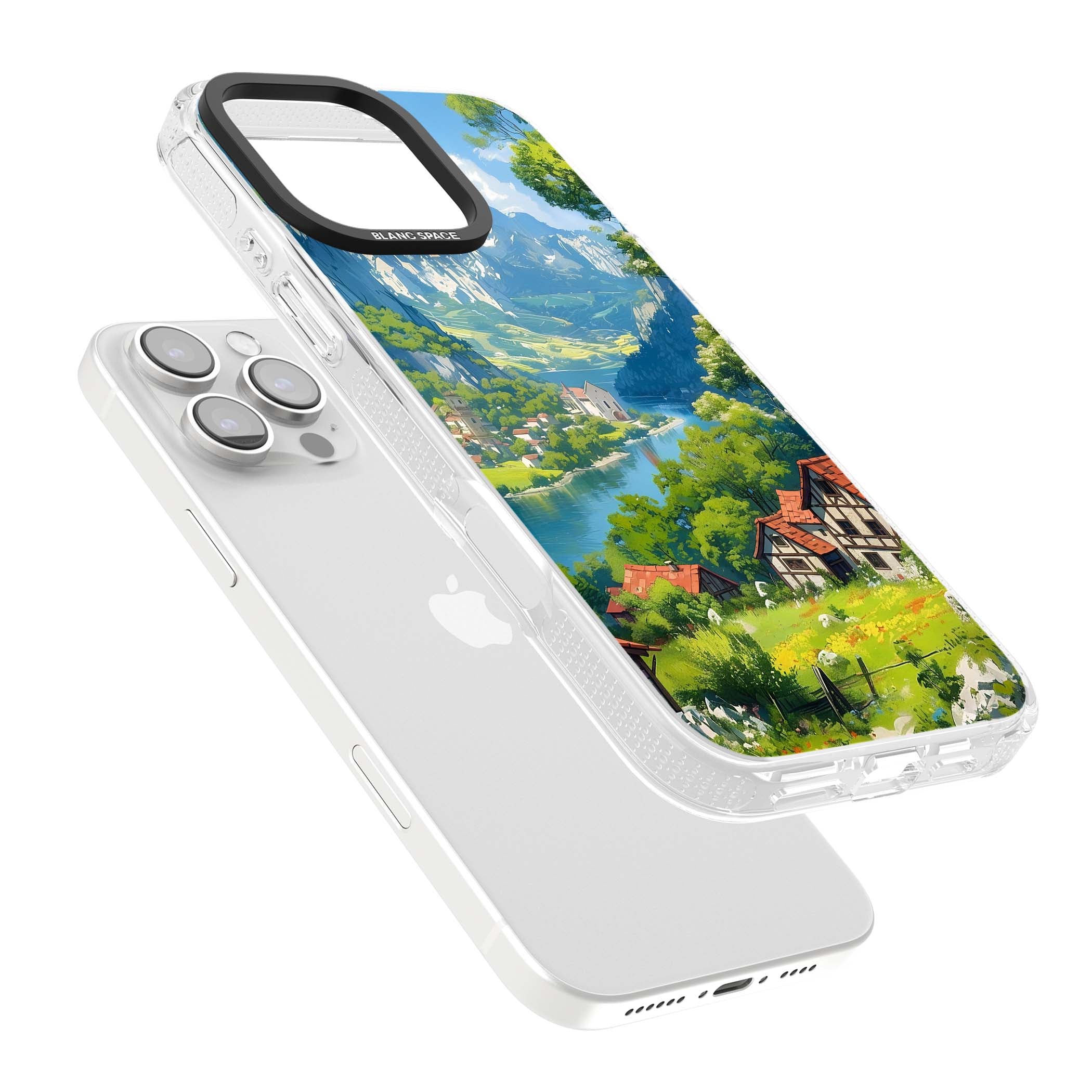 Village In The Valley anime iPhone case featuring a painted mountain village, river valley and half-timbered cottages. | Clear Case Impact Air case for iPhone 16 Pro, iPhone 16 Pro Max