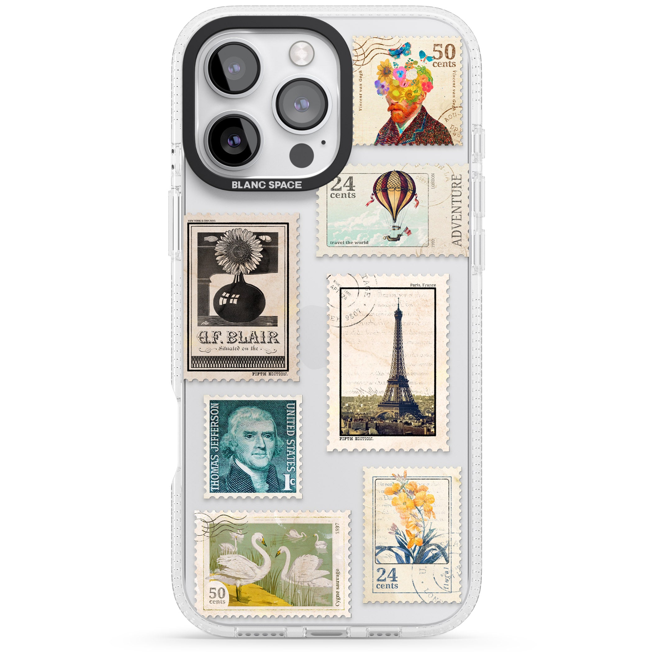 Vintage Stamps iPhone 16 Pro Max / 16 Pro Clear Case Impact Air - Blanc Space