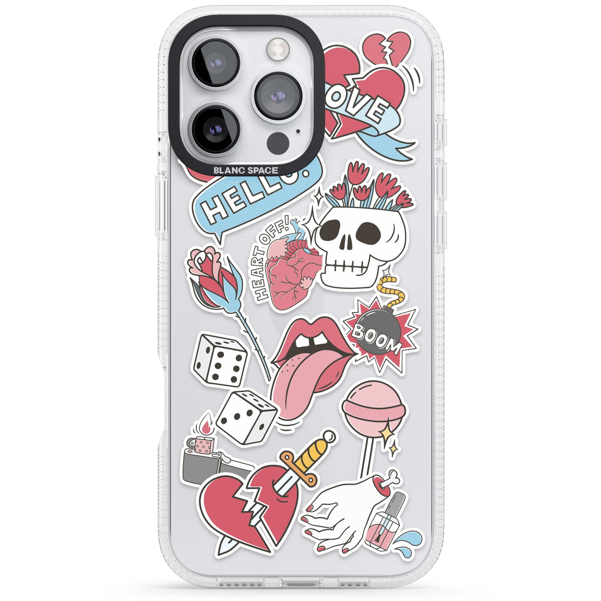 Skull & Flowers Sticker iPhone 16 Pro Max / 16 Pro Clear Case Impact Air - Blanc Space