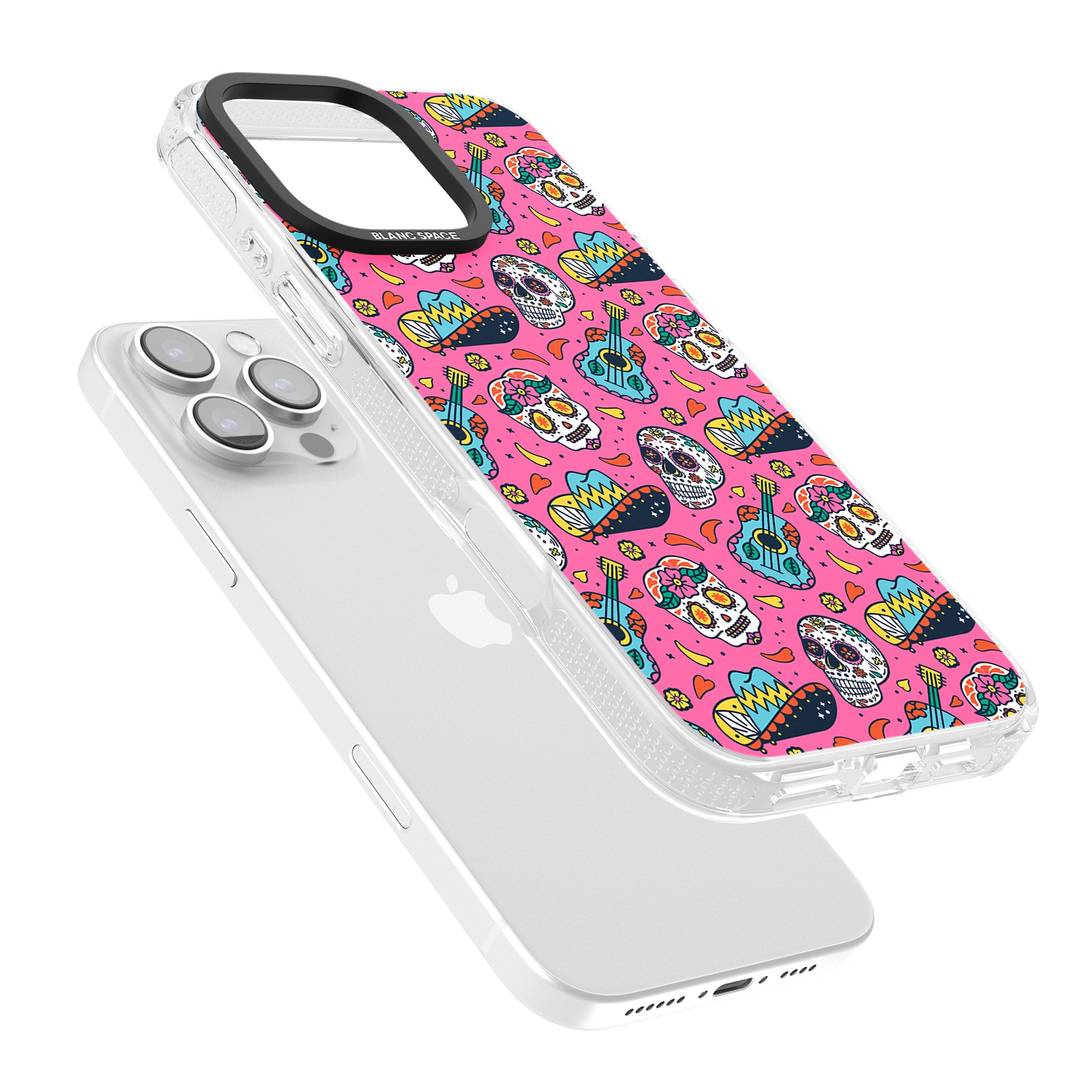 Pink Day of The Dead Pattern iPhone 16 Pro Max / 16 Pro Clear Case Impact Air - Blanc Space