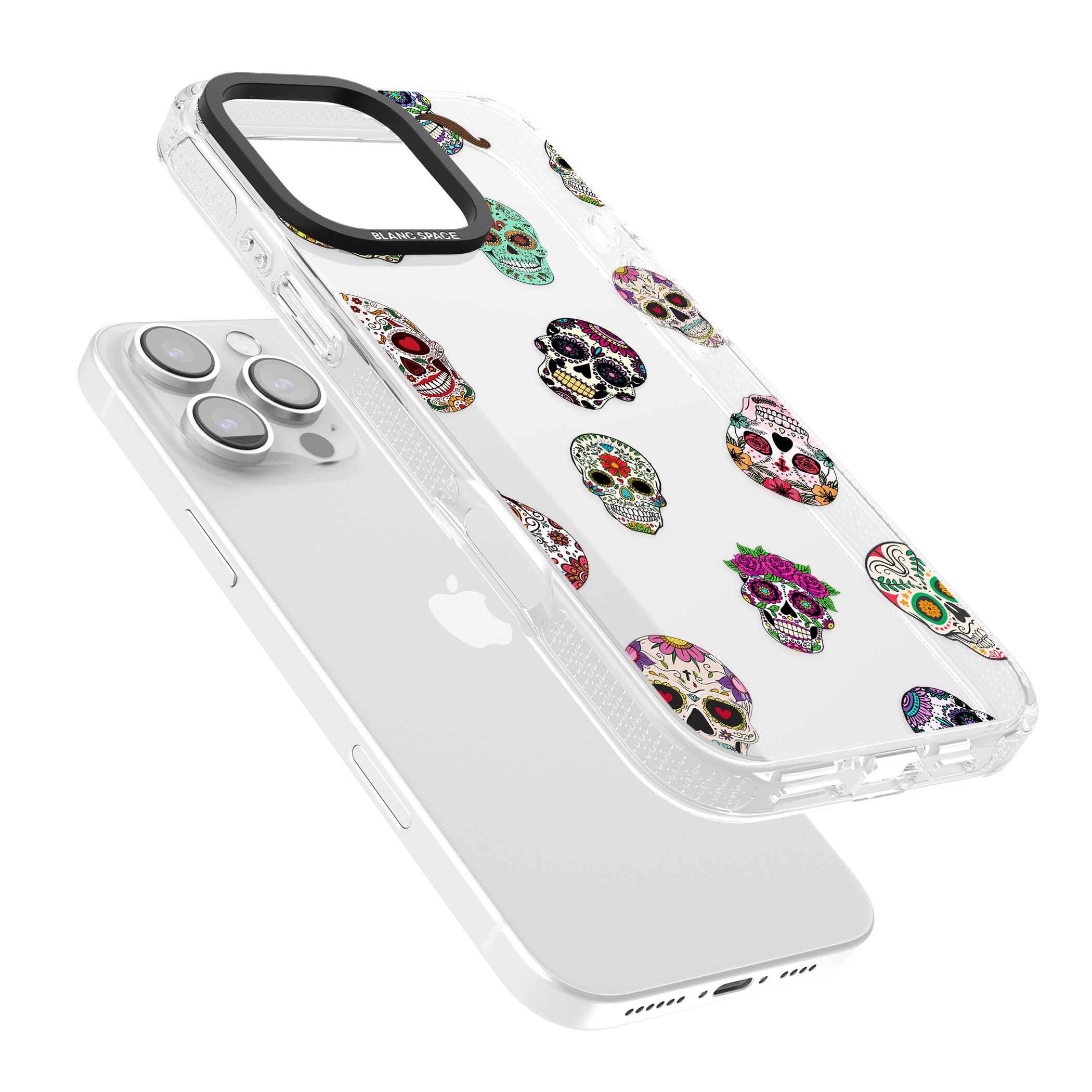 Mixed Sugar Skull Pattern iPhone 16 Pro Max / 16 Pro Clear Case Impact Air - Blanc Space