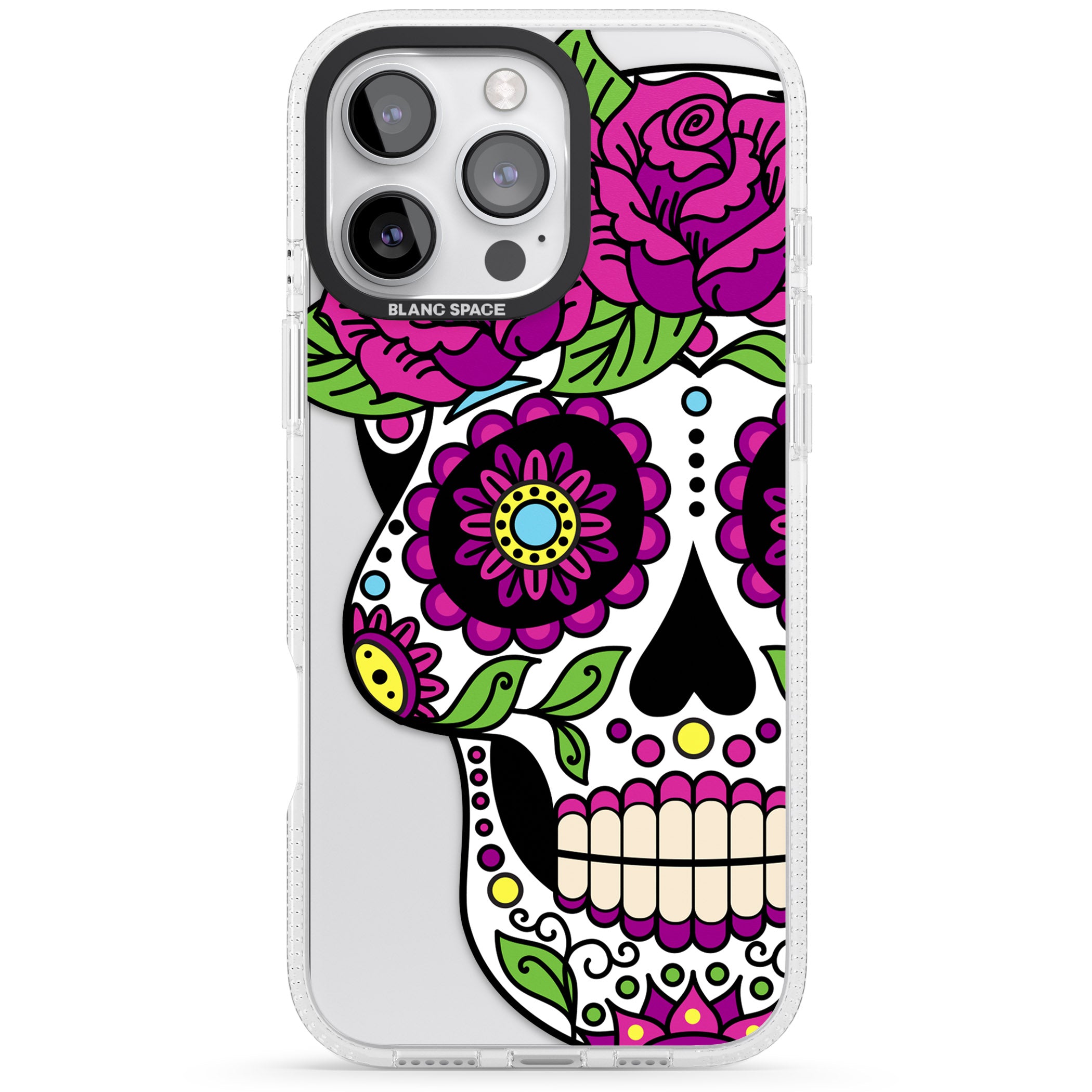 Purple Floral Sugar Skull iPhone 16 Pro Max / 16 Pro Clear Case Impact Air - Blanc Space