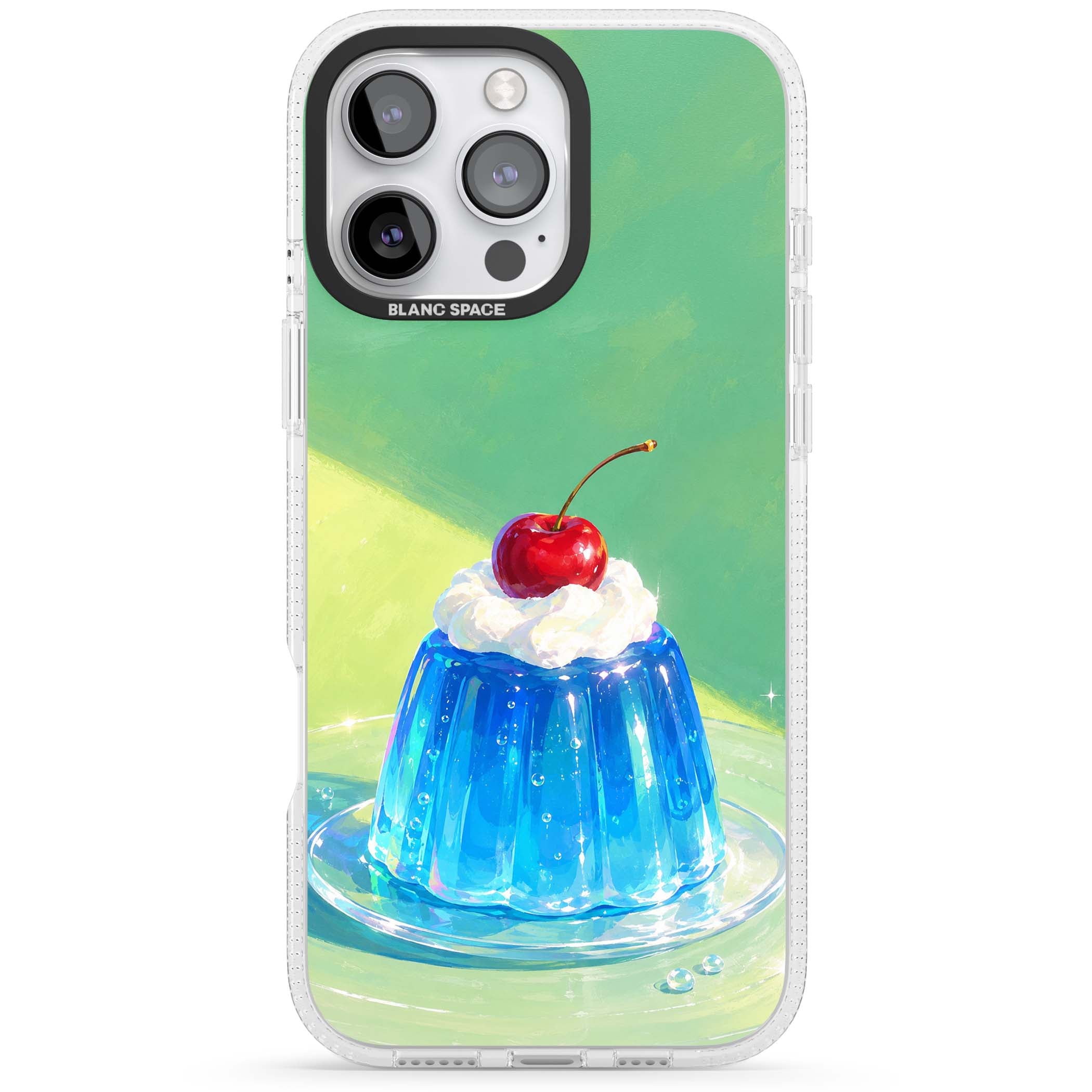 Cherry Jelly kawaii dessert iPhone case featuring blue jelly pudding, whipped cream and a red cherry | Clear Case Impact Air case for iPhone 16 Pro, iPhone 16 Pro Max