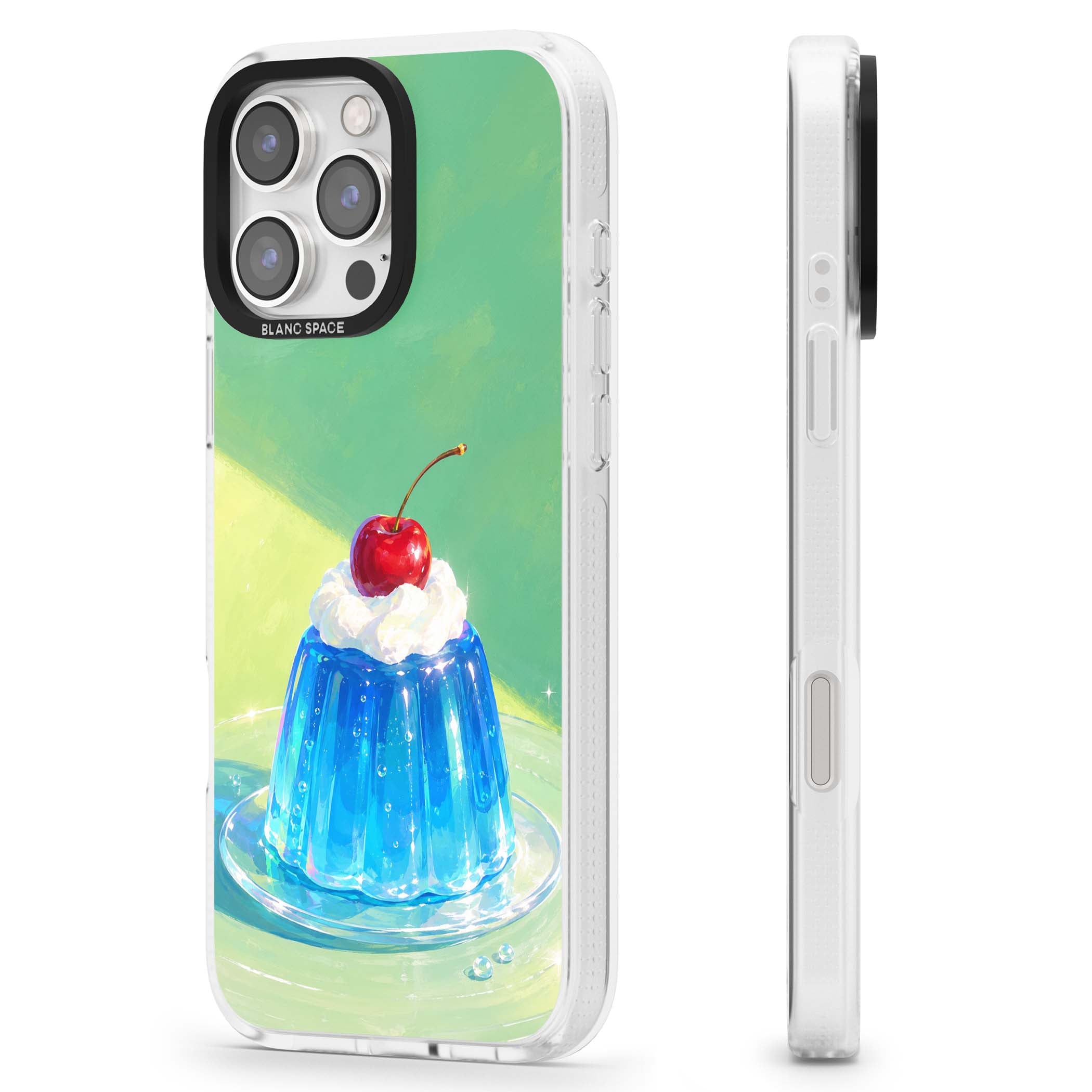 Cherry Jelly kawaii dessert iPhone case featuring blue jelly pudding, whipped cream and a red cherry | Clear Case Impact Air case for iPhone 16 Pro, iPhone 16 Pro Max