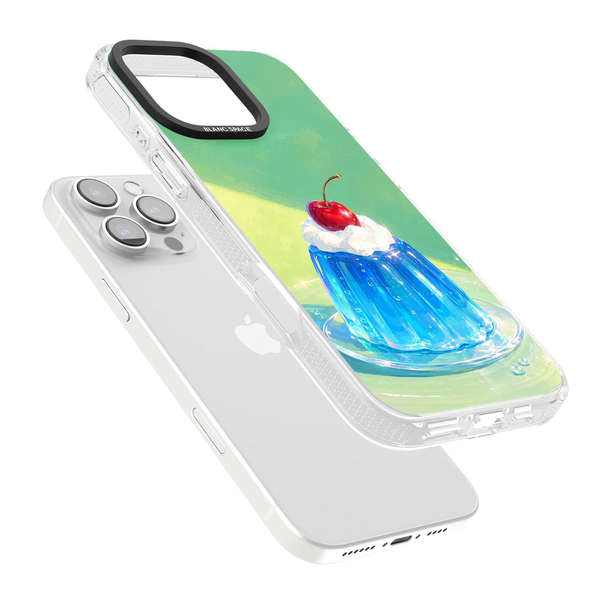 Cherry Jelly kawaii dessert iPhone case featuring blue jelly pudding, whipped cream and a red cherry | Clear Case Impact Air case for iPhone 16 Pro, iPhone 16 Pro Max