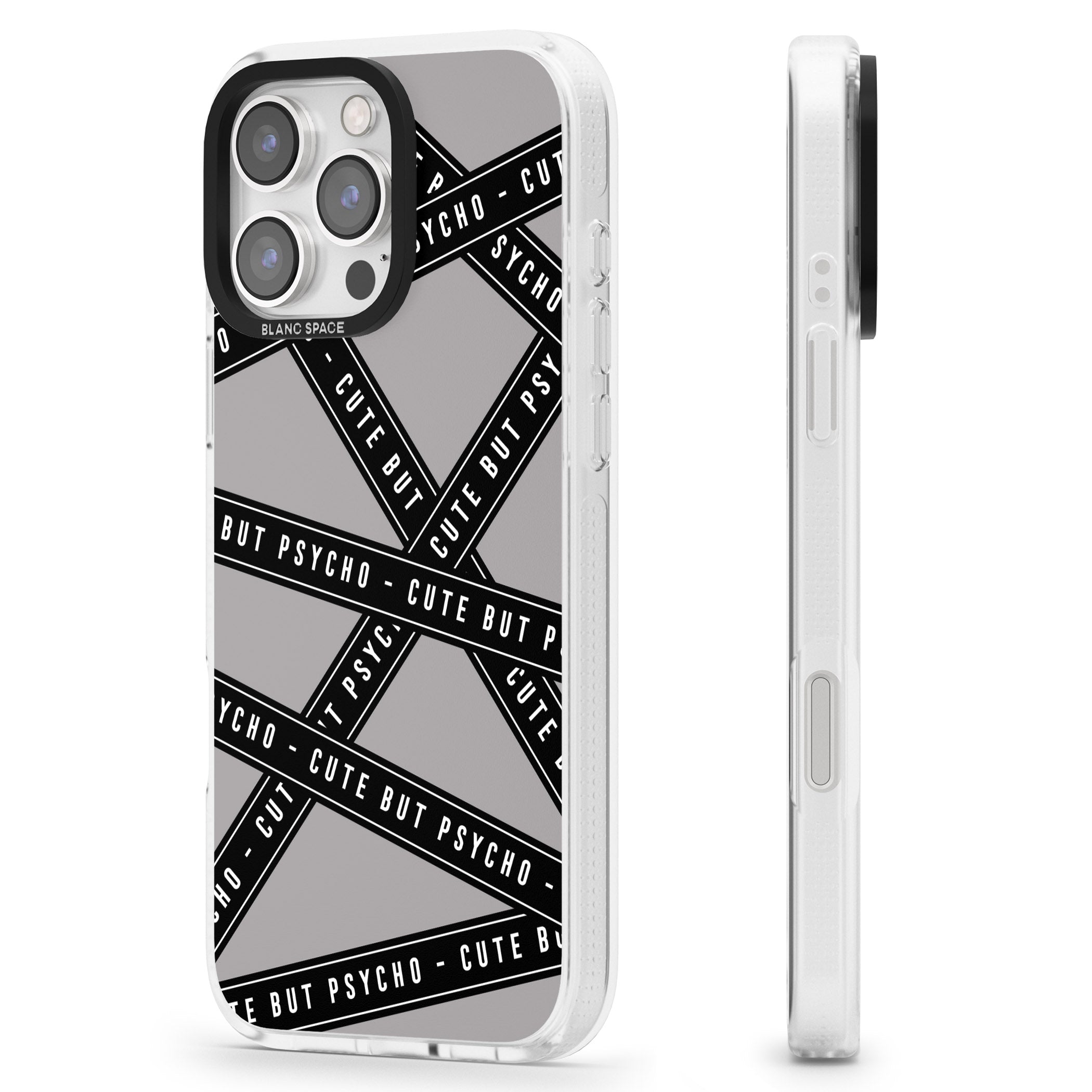 Caution Tape Phrases Cute But Psycho iPhone 16 Pro Max / 16 Pro Clear Case Impact Air - Blanc Space