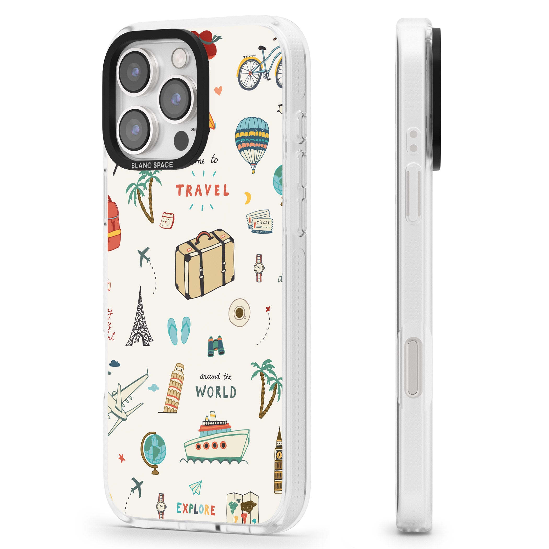 Cute Travel Pattern Cream iPhone 16 Pro Max / 16 Pro Clear Case Impact Air - Blanc Space