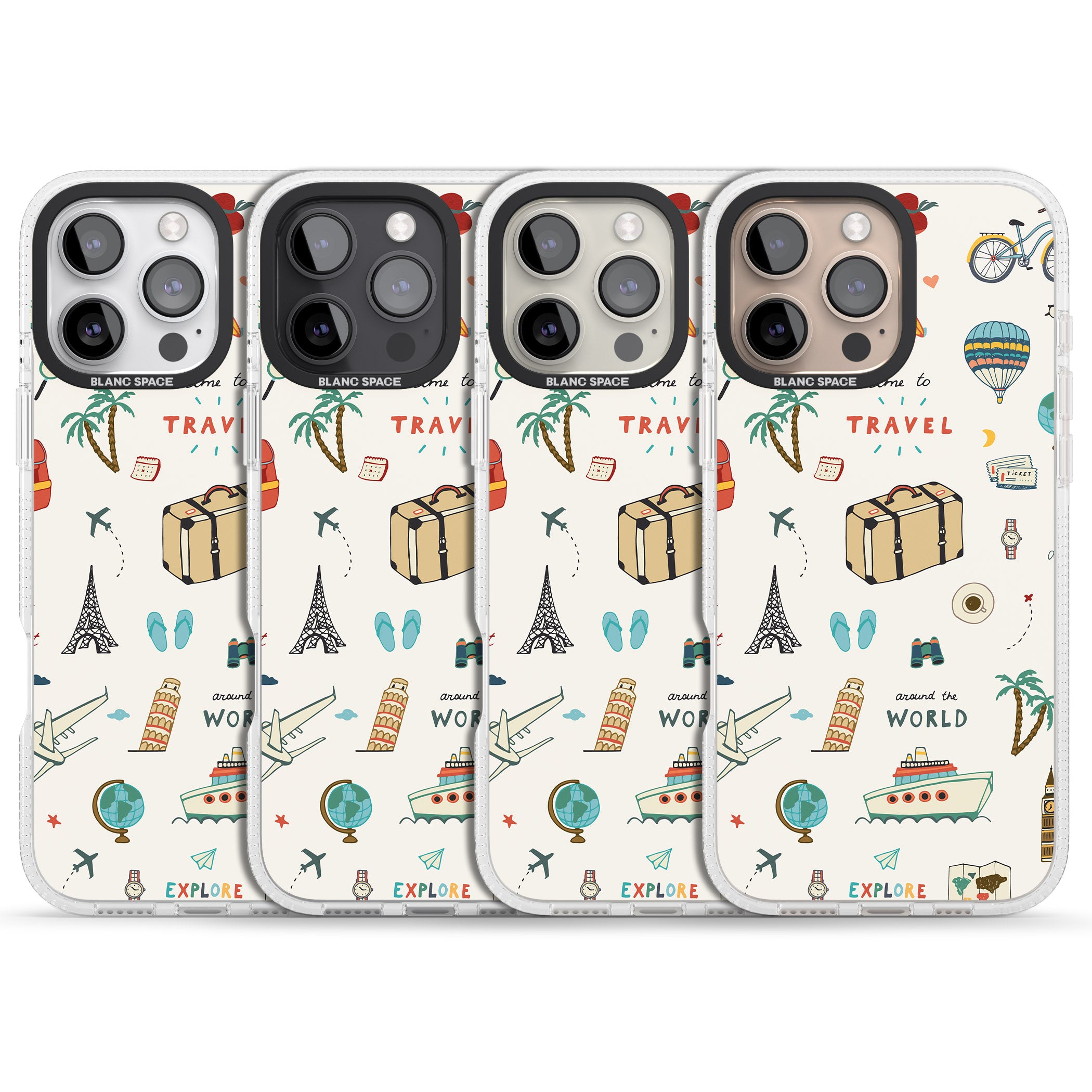 Cute Travel Pattern Cream iPhone 16 Pro Max / 16 Pro Clear Case Impact Air - Blanc Space