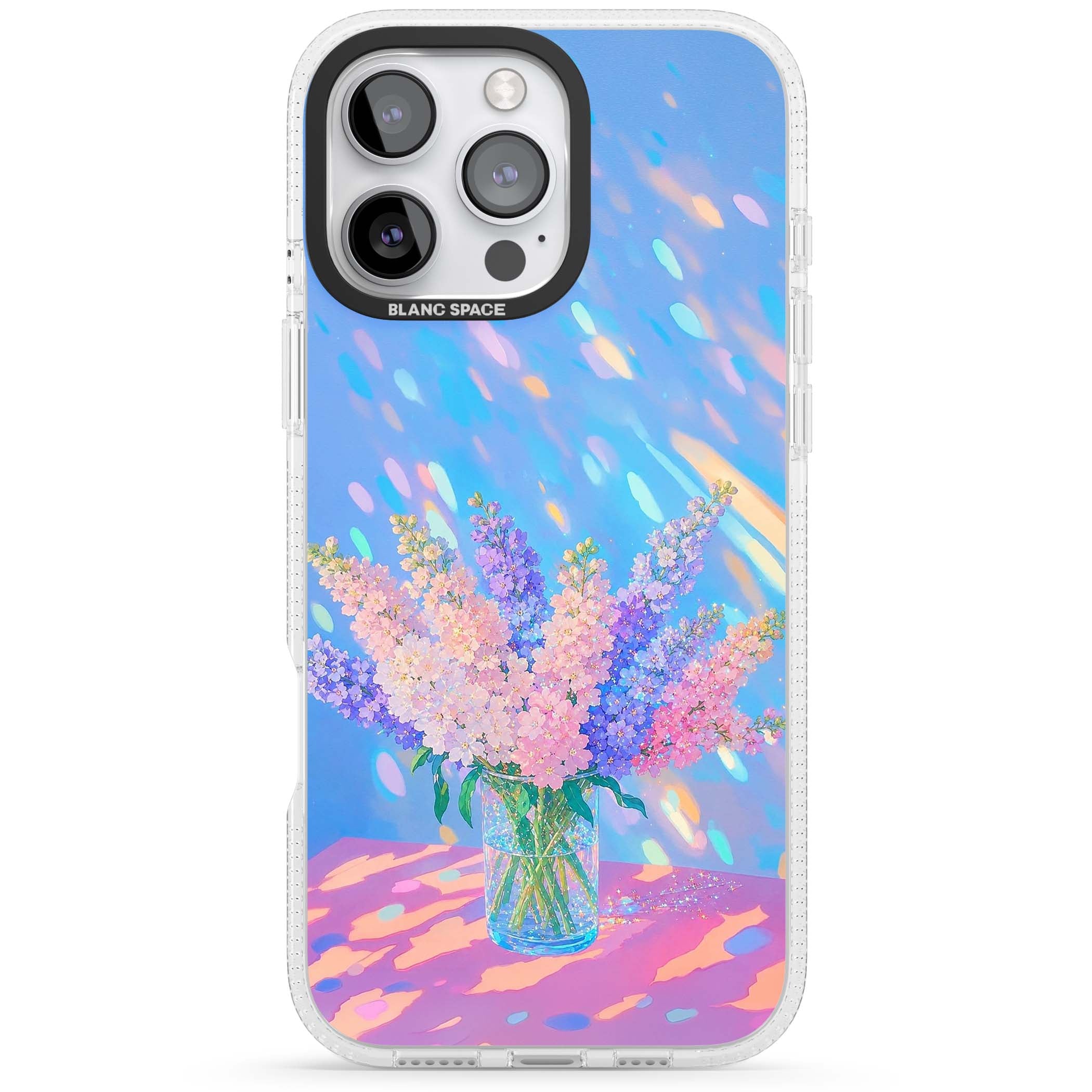 Bubblegum Flowers floral iPhone case featuring pastel lilac and pink bouquet in a glass vase with iridescent light | Clear Case Impact Air case for iPhone 16 Pro, iPhone 16 Pro Max