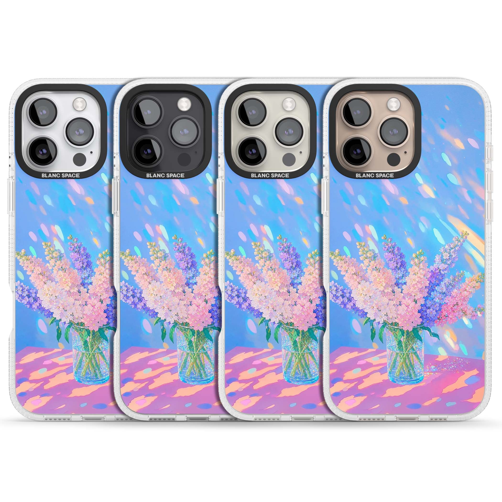 Bubblegum Flowers floral iPhone case featuring pastel lilac and pink bouquet in a glass vase with iridescent light | Clear Case Impact Air case for iPhone 16 Pro, iPhone 16 Pro Max