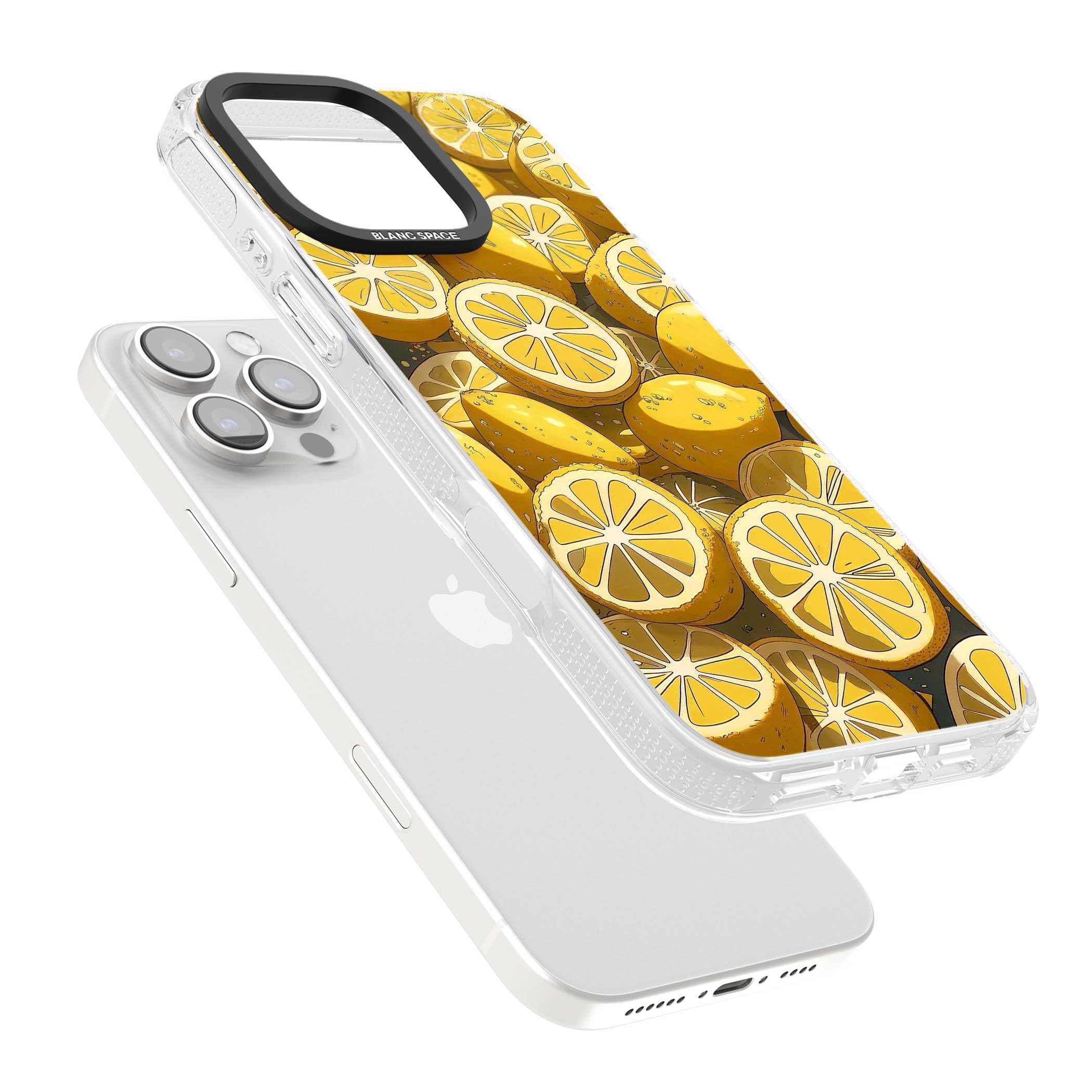 Zesty coastal iPhone case featuring illustrated Mediterranean lemons and citrus slices in golden yellow | Clear Case Impact Air case for iPhone 16 Pro, iPhone 16 Pro Max