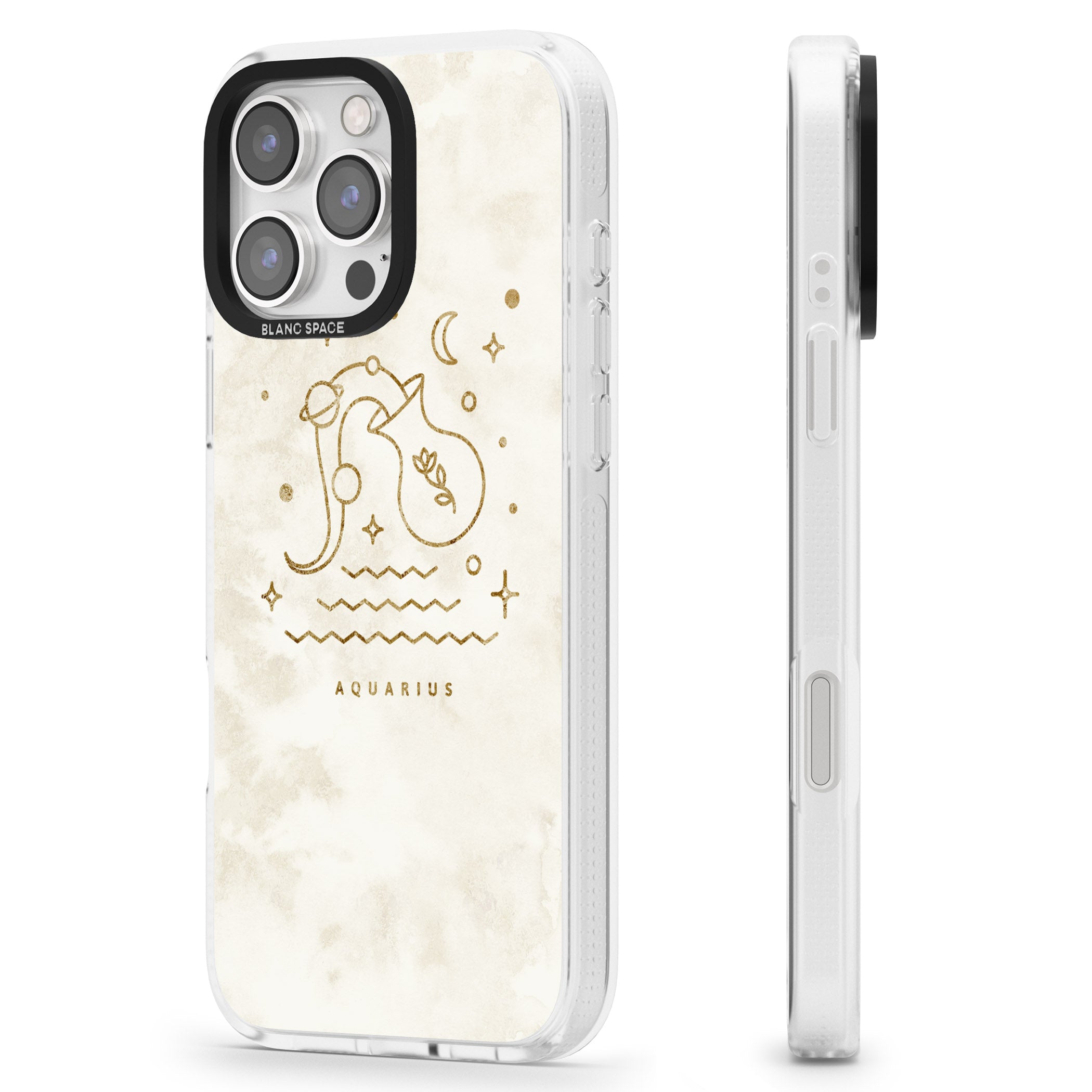 Aquarius Emblem - Solid Gold Marbled Design iPhone 16 Pro Max / 16 Pro Clear Case Impact Air - Blanc Space