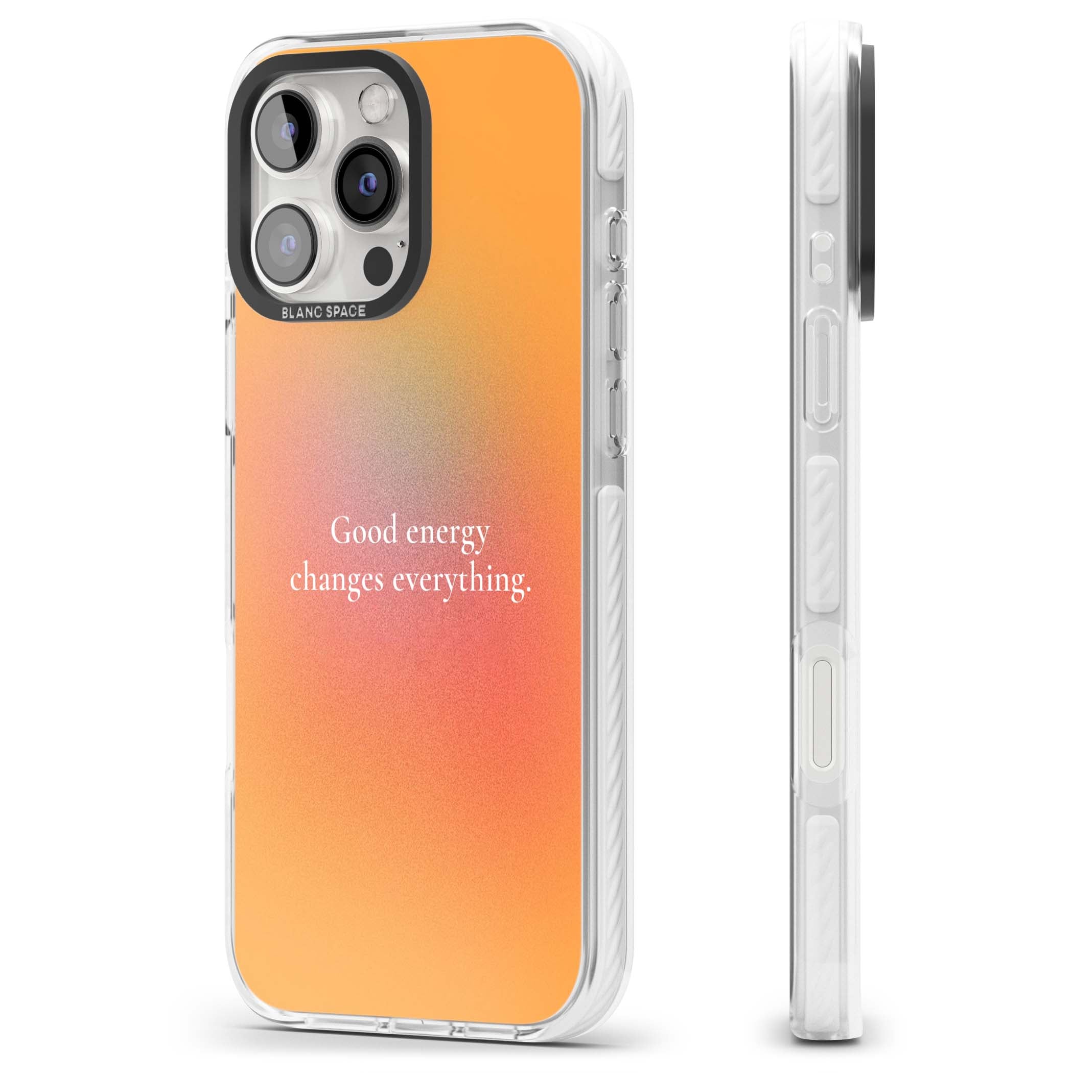 Good Energy quote iPhone case featuring an orange and pink aura gradient with white serif affirmation text | Clear Impact case for iPhone 16 Pro, iPhone 16 Pro Max