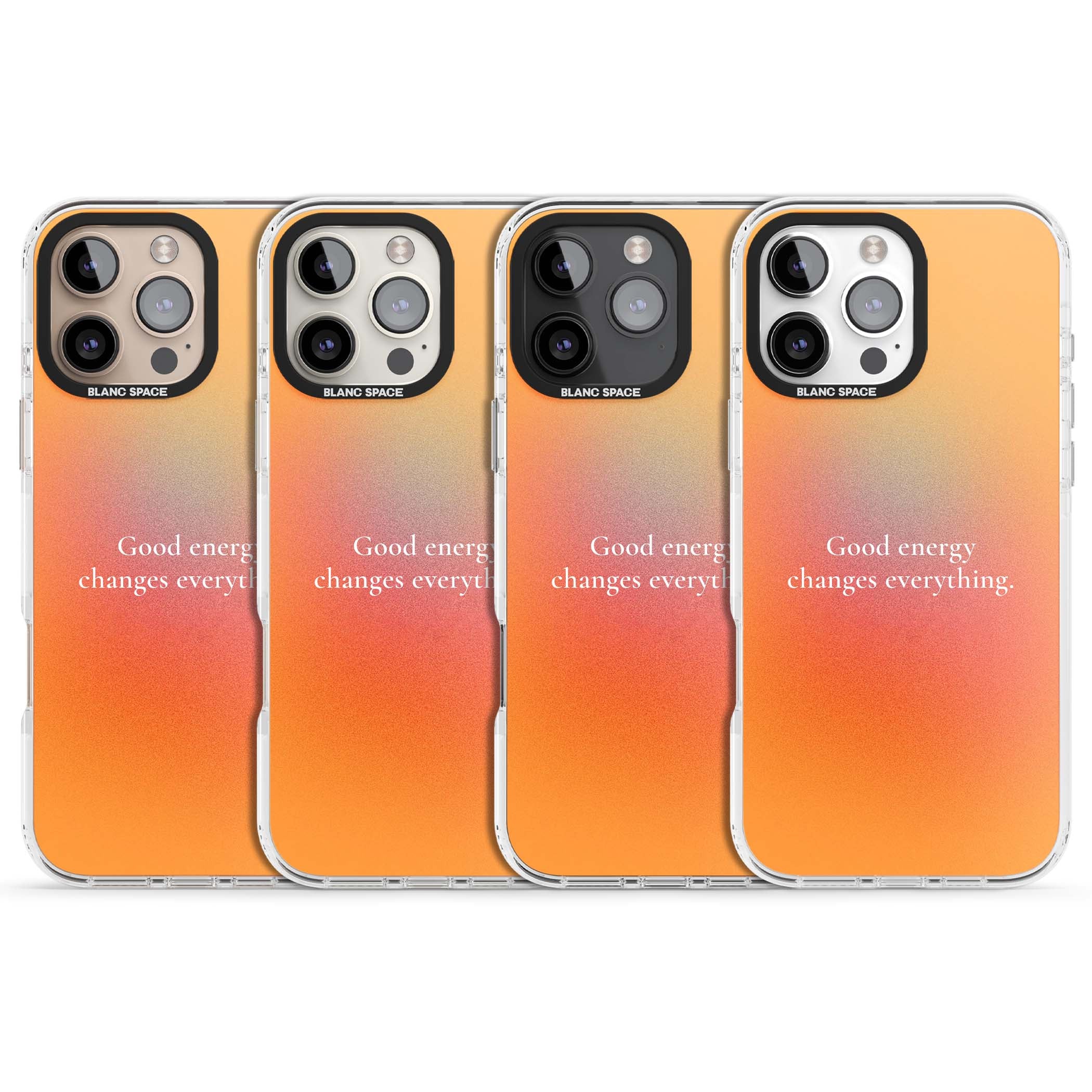 Good Energy quote iPhone case featuring an orange and pink aura gradient with white serif affirmation text | Clear Impact case for iPhone 16 Pro, iPhone 16 Pro Max