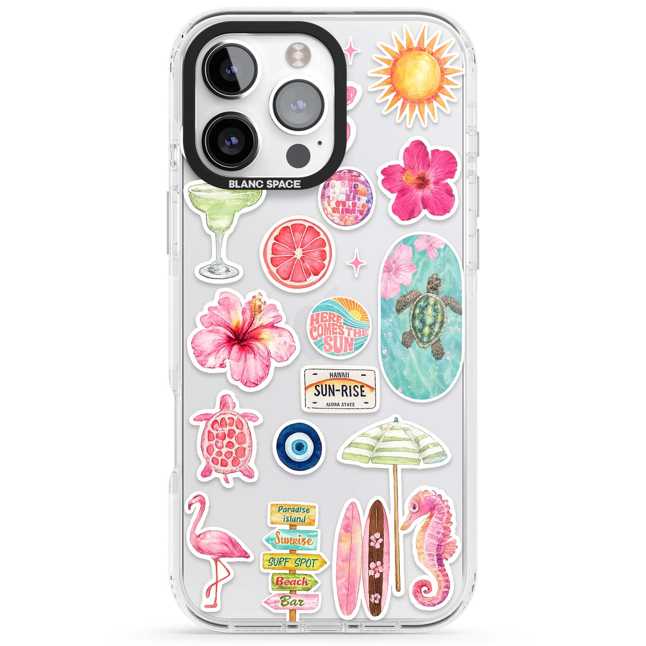 Aloha Sticker Mix tropical summer iPhone case featuring pink hibiscus, sea turtles, flamingo and beach umbrella stickers | Clear Impact case for iPhone 16 Pro, iPhone 16 Pro Max