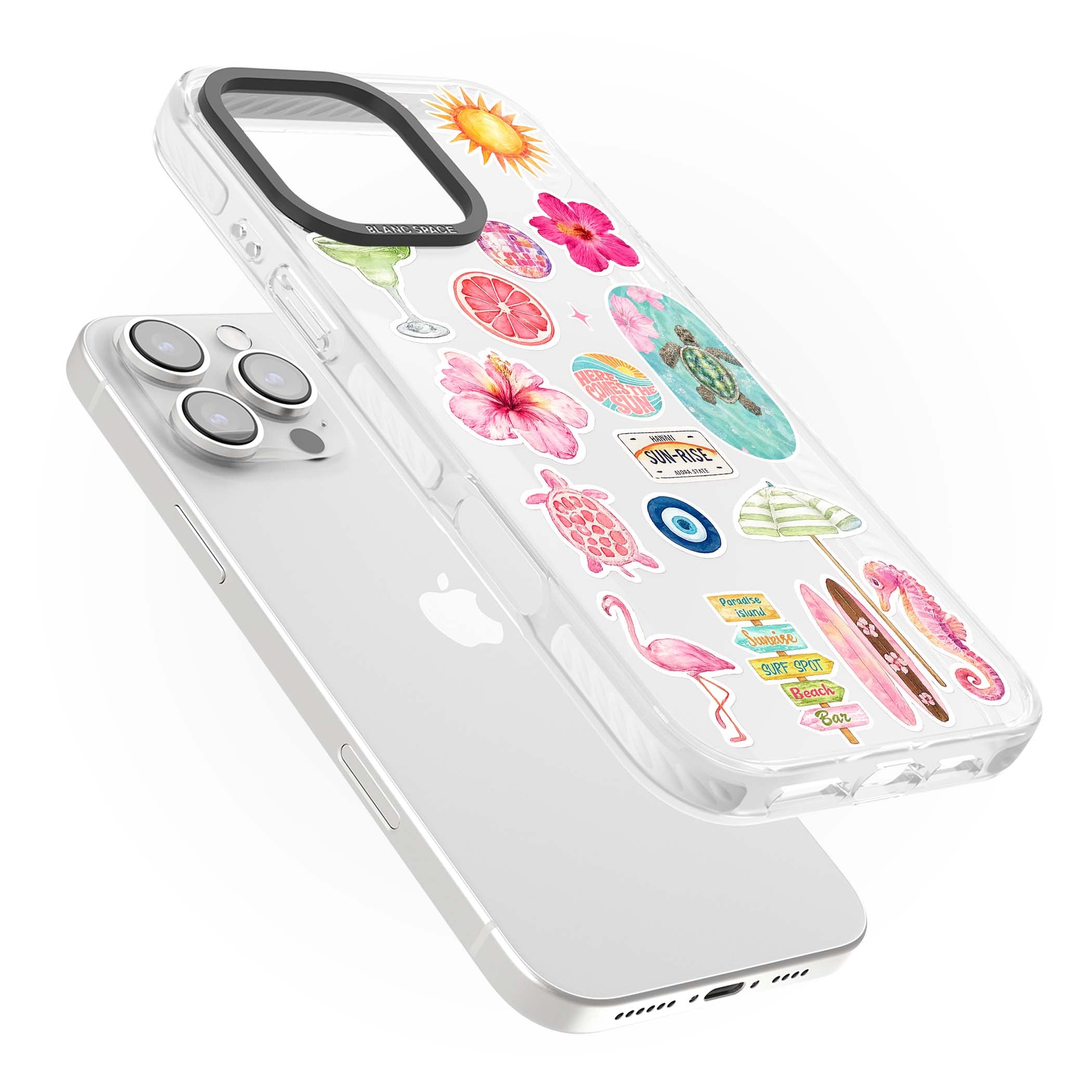 Aloha Sticker Mix tropical summer iPhone case featuring pink hibiscus, sea turtles, flamingo and beach umbrella stickers | Clear Impact case for iPhone 16 Pro, iPhone 16 Pro Max