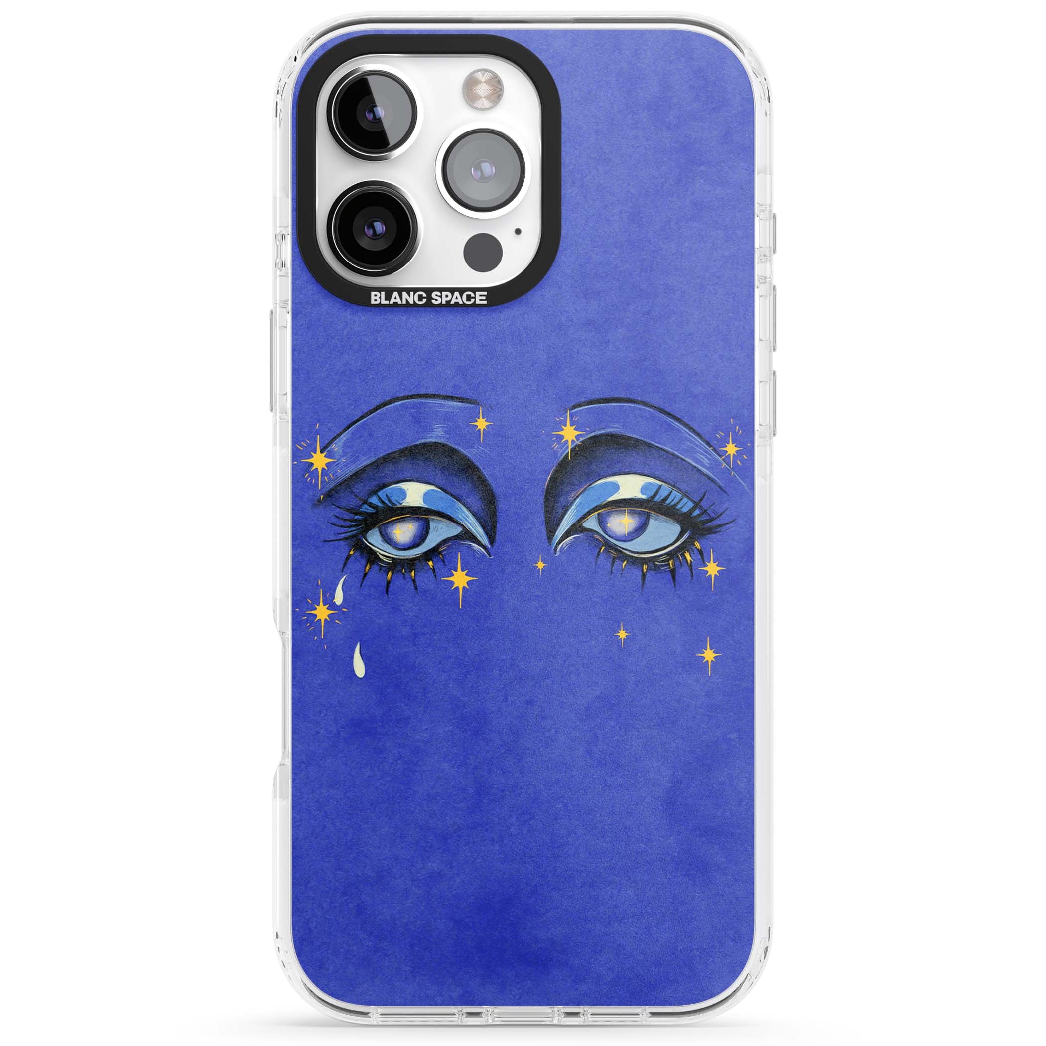 Blue Mystic Eyes celestial iPhone case featuring hand drawn blue mystical eyes, golden stars and a painted tear on indigo | Clear Impact case for iPhone 16 Pro, iPhone 16 Pro Max