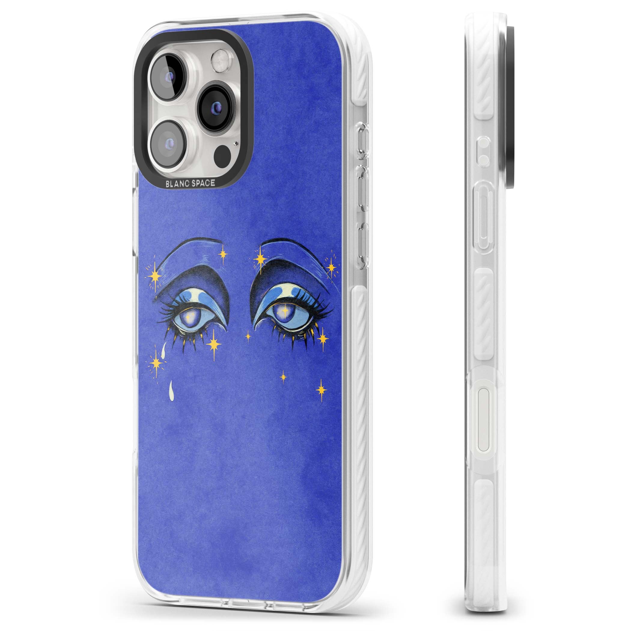 Blue Mystic Eyes celestial iPhone case featuring hand drawn blue mystical eyes, golden stars and a painted tear on indigo | Clear Impact case for iPhone 16 Pro, iPhone 16 Pro Max