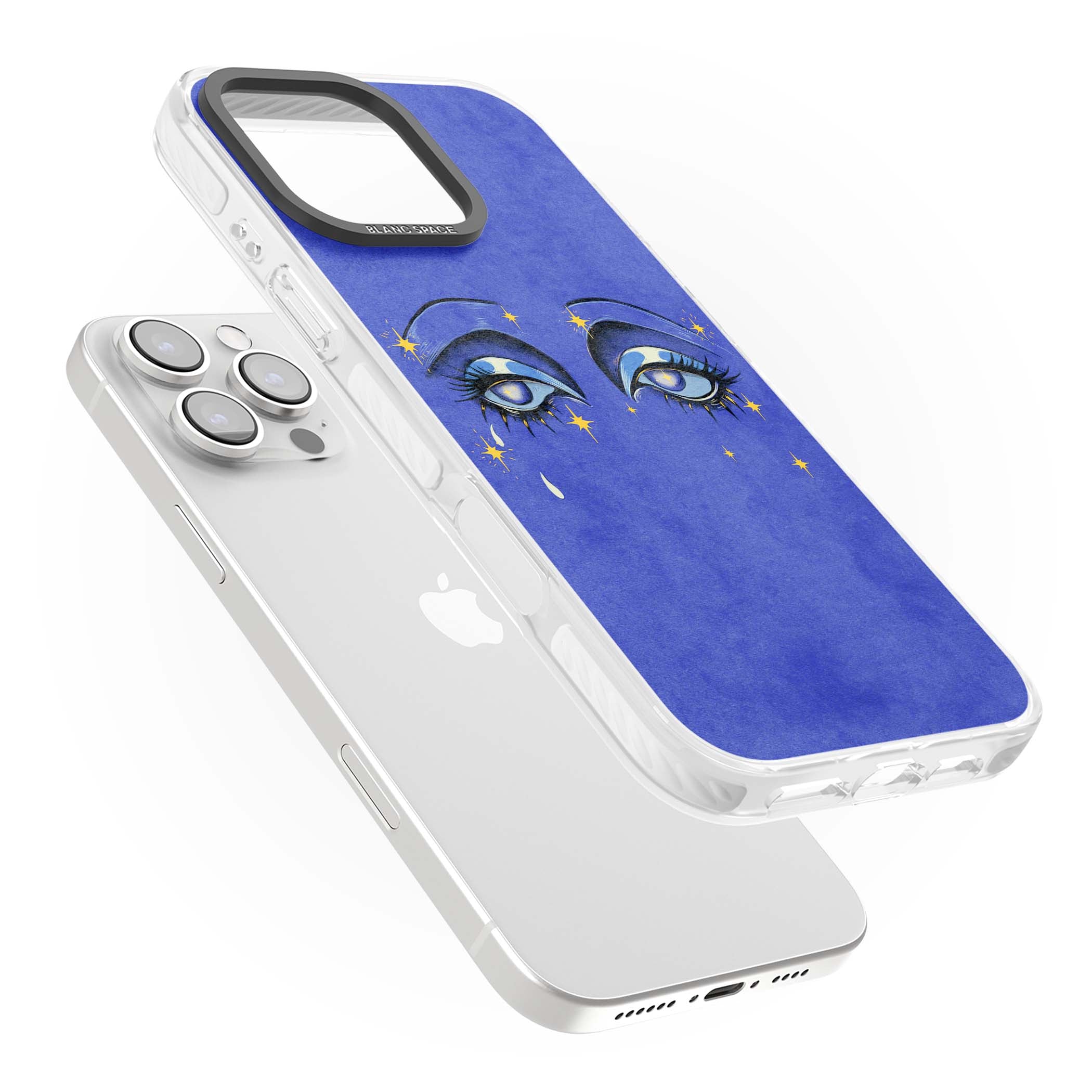 Blue Mystic Eyes celestial iPhone case featuring hand drawn blue mystical eyes, golden stars and a painted tear on indigo | Clear Impact case for iPhone 16 Pro, iPhone 16 Pro Max