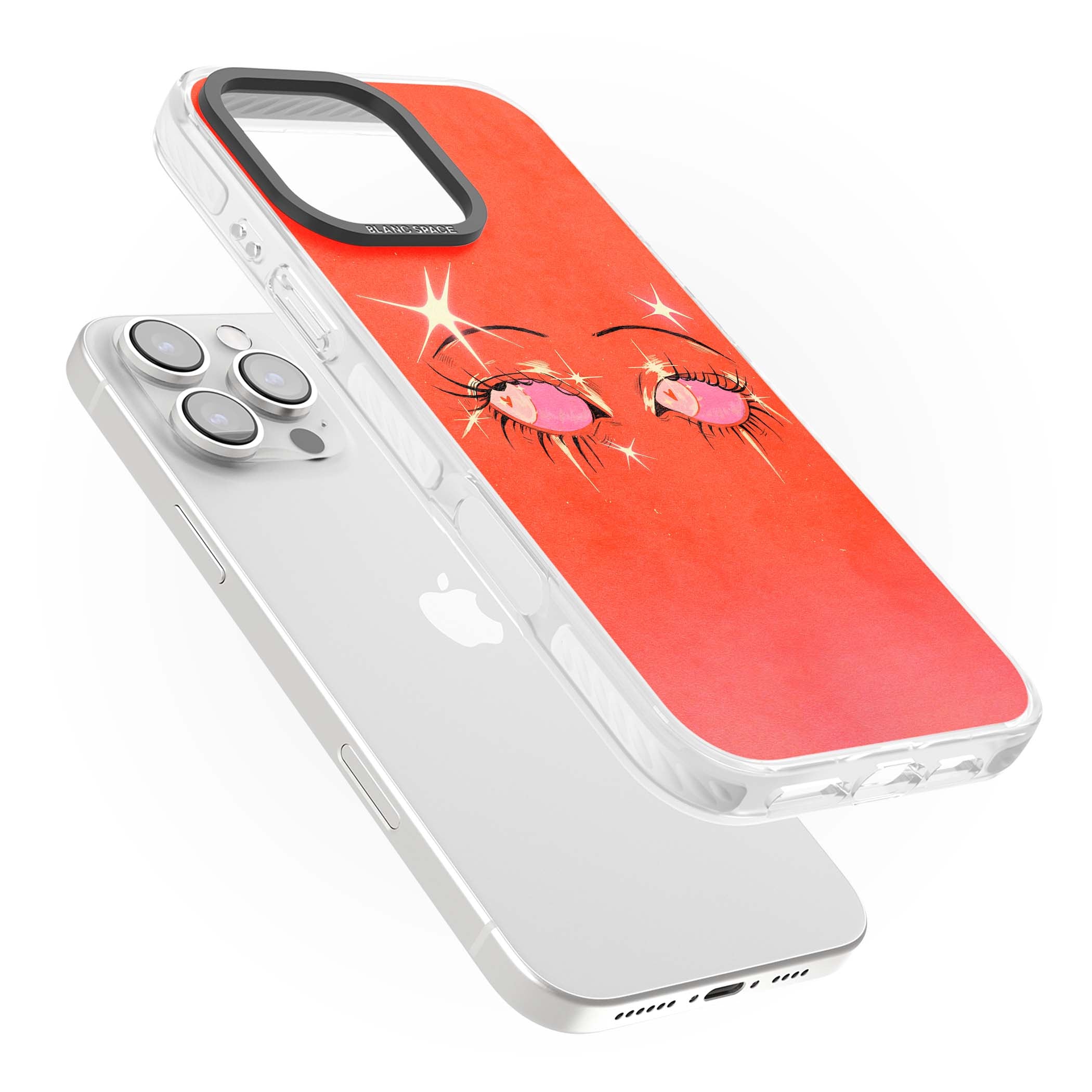 Pink Ethereal Eyes anime iPhone case featuring hand-drawn sparkly eyes with pink hearts and gold stars on red | Clear Impact case for iPhone 16 Pro, iPhone 16 Pro Max