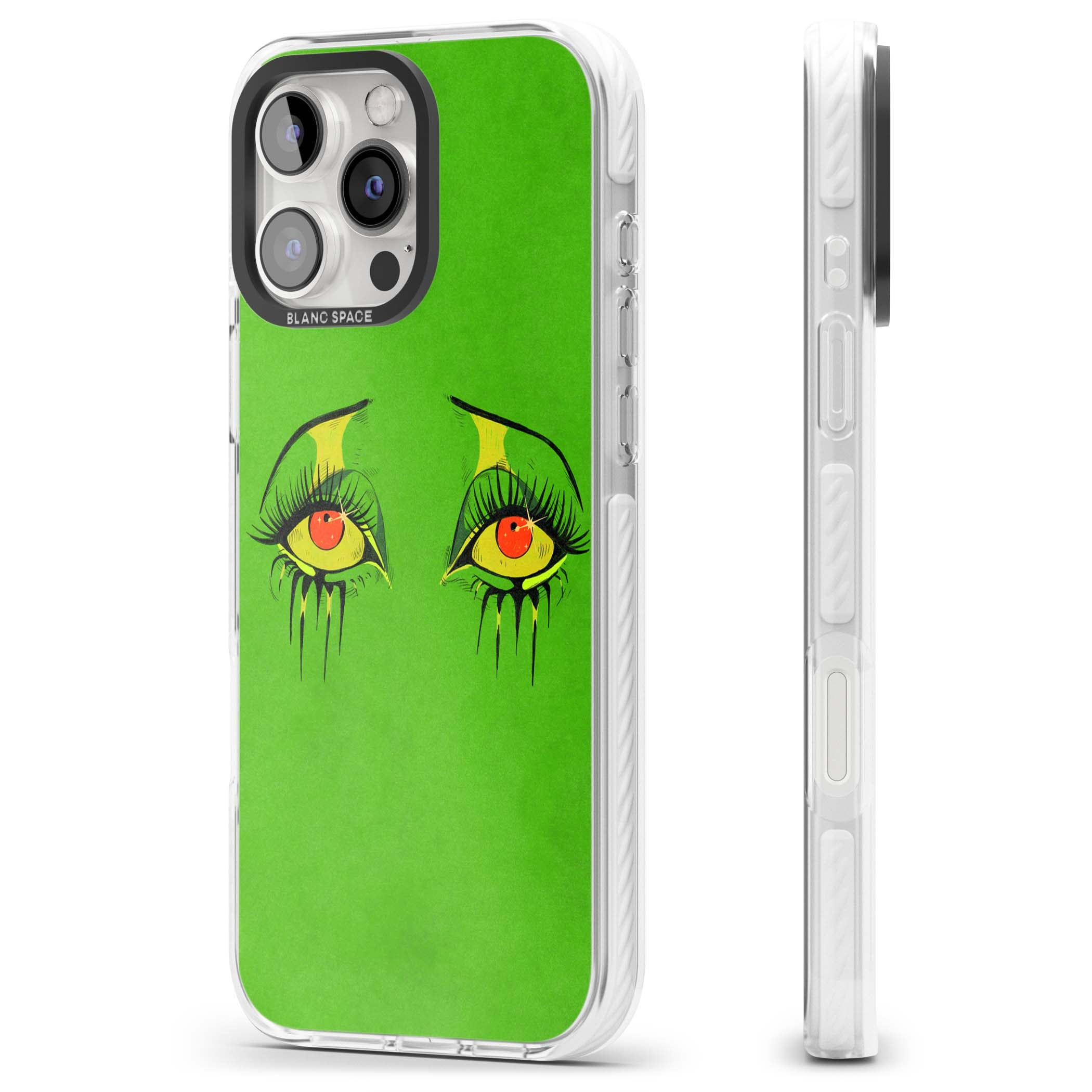 Green Enchanted Eyes psychedelic art iPhone case featuring hand-drawn dripping eyes on neon green background | Clear Impact case for iPhone 16 Pro, iPhone 16 Pro Max