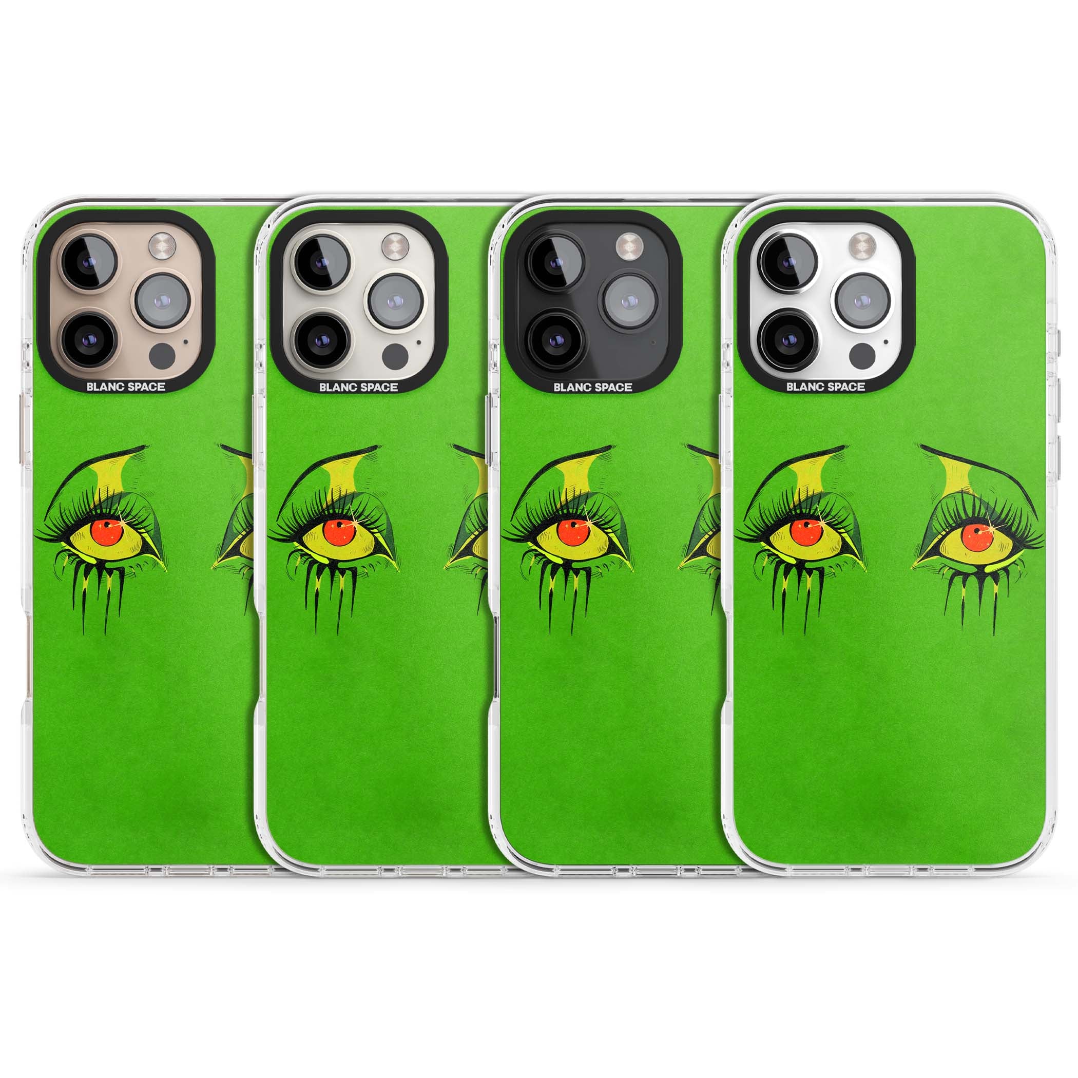 Green Enchanted Eyes psychedelic art iPhone case featuring hand-drawn dripping eyes on neon green background | Clear Impact case for iPhone 16 Pro, iPhone 16 Pro Max