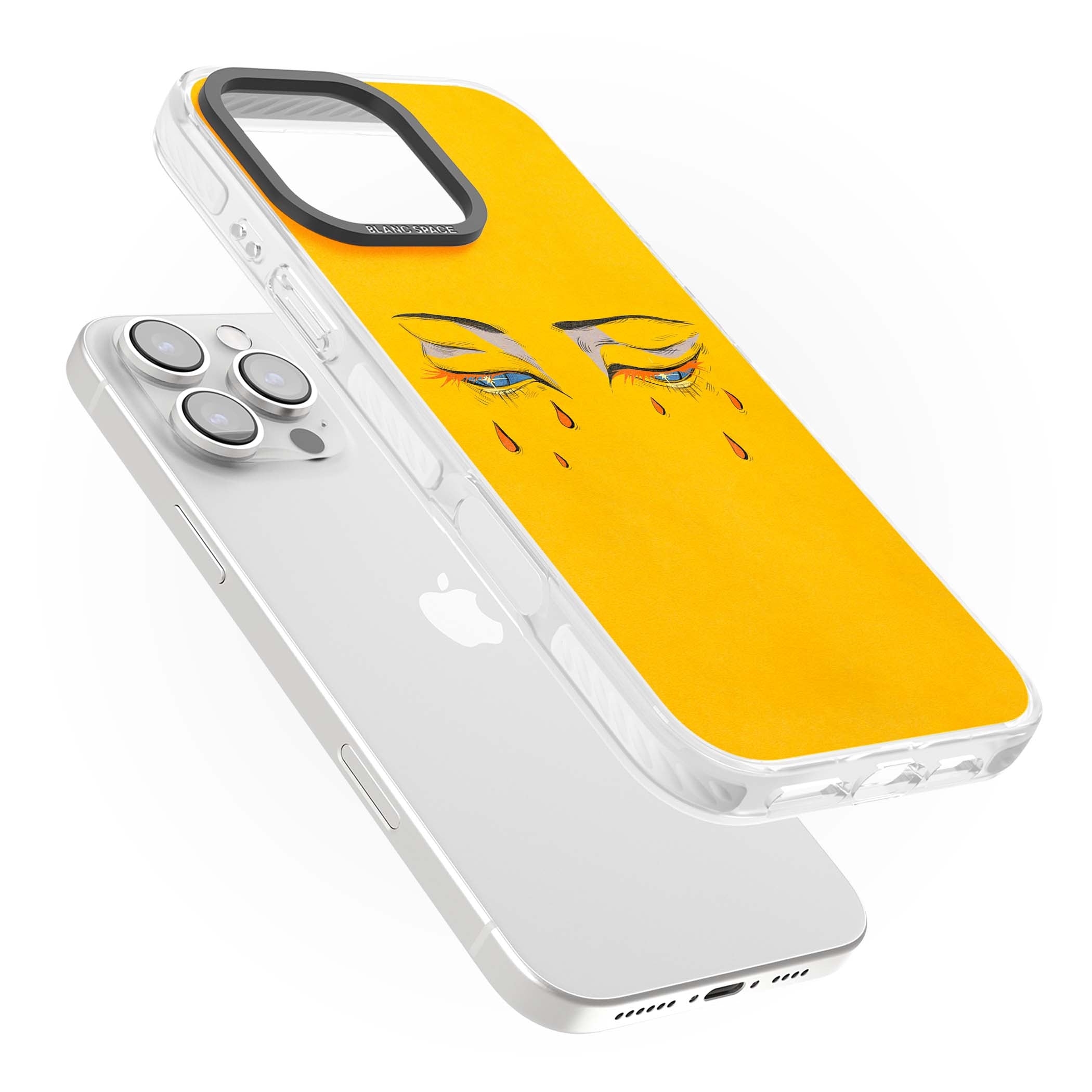 Yellow Tearful Eyes indie iPhone case featuring hand-drawn crying eyes with orange tears on a yellow background | Clear Impact case for iPhone 16 Pro, iPhone 16 Pro Max