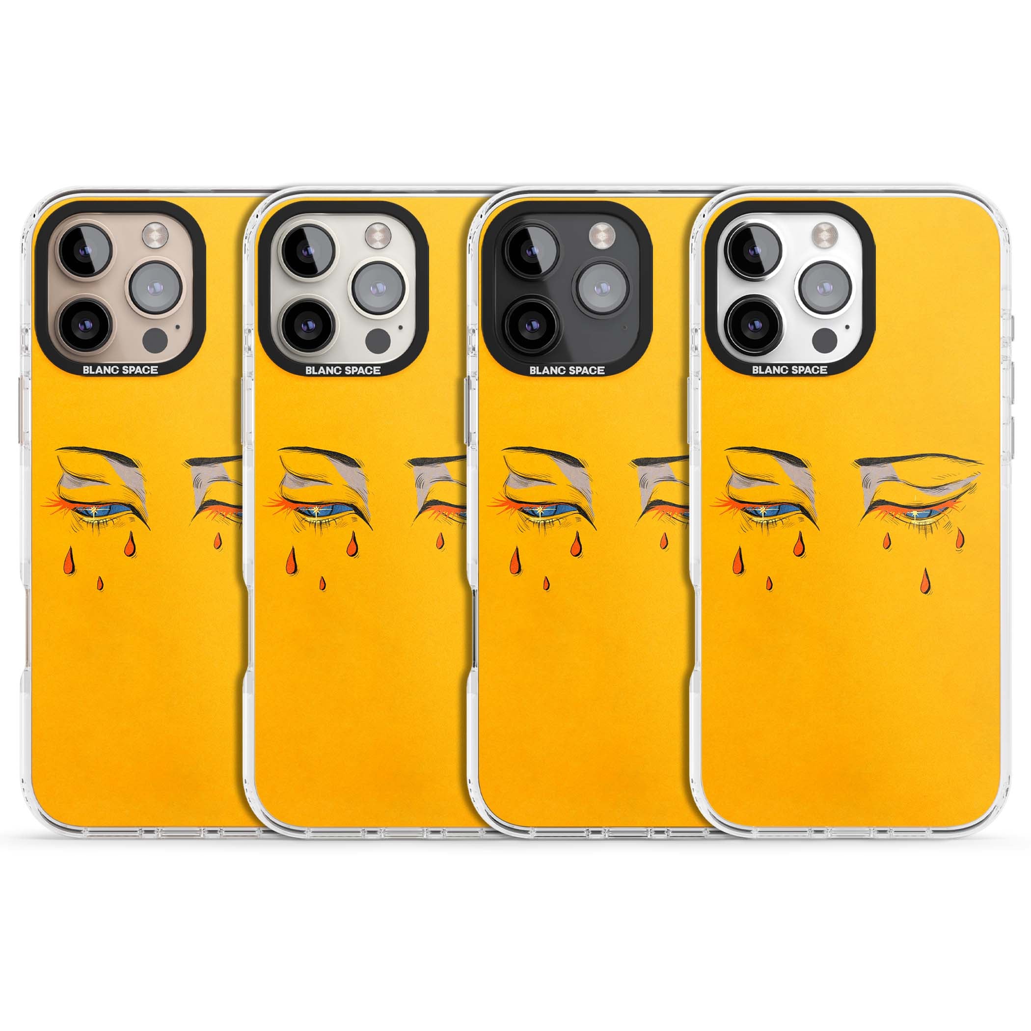 Yellow Tearful Eyes indie iPhone case featuring hand-drawn crying eyes with orange tears on a yellow background | Clear Impact case for iPhone 16 Pro, iPhone 16 Pro Max