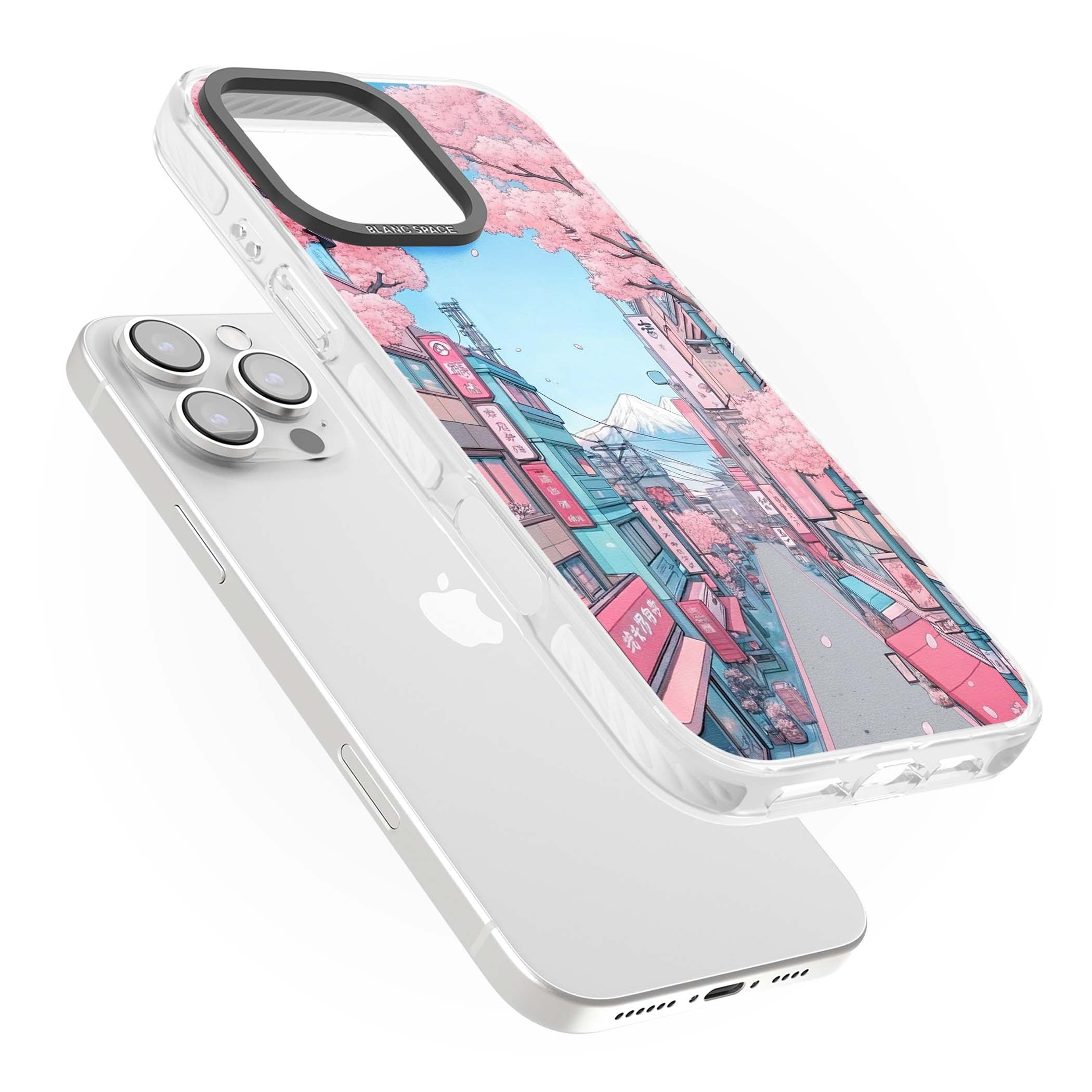 Sakura Lane anime iPhone case featuring Tokyo street scene with cherry blossoms and Mount Fuji | Clear Impact case for iPhone 16 Pro, iPhone 16 Pro Max