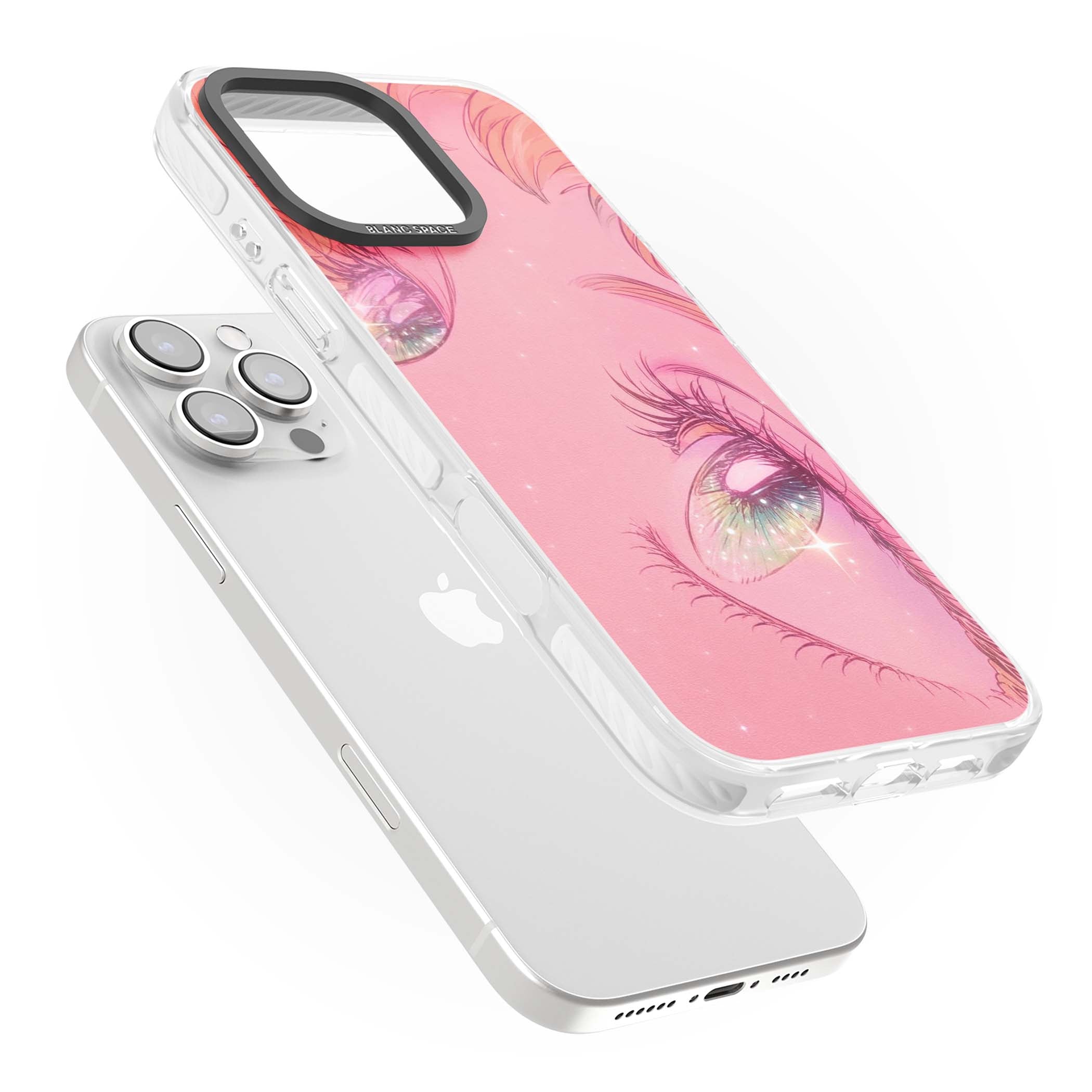 Pink Ethereal Gaze anime iPhone case featuring sparkling manga eyes, coral lashes and dreamy peach sky | Clear Impact case for iPhone 16 Pro, iPhone 16 Pro Max