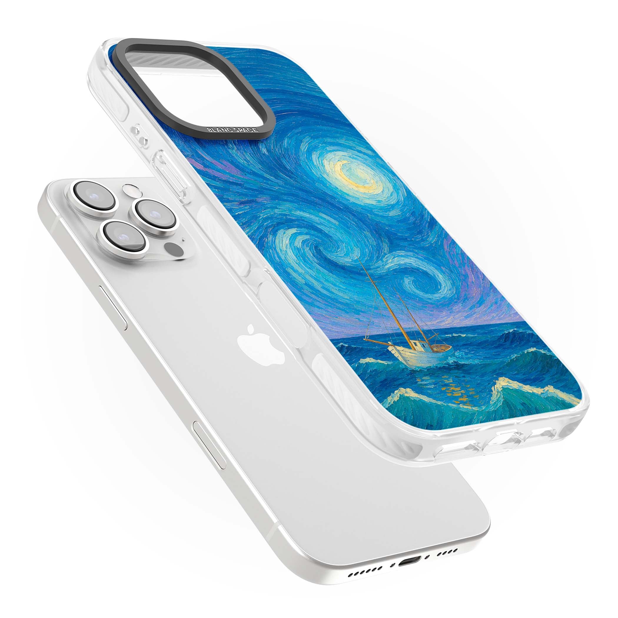 Moonlit Tide Van Gogh art iPhone case featuring swirling starry night sky, glowing moon and lone sailing boat at sea | Clear Impact case for iPhone 16 Pro, iPhone 16 Pro Max