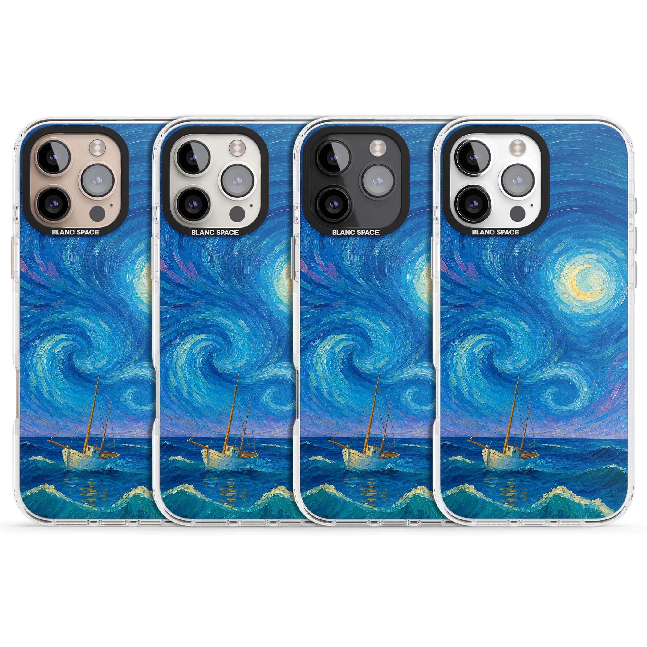 Moonlit Tide Van Gogh art iPhone case featuring swirling starry night sky, glowing moon and lone sailing boat at sea | Clear Impact case for iPhone 16 Pro, iPhone 16 Pro Max