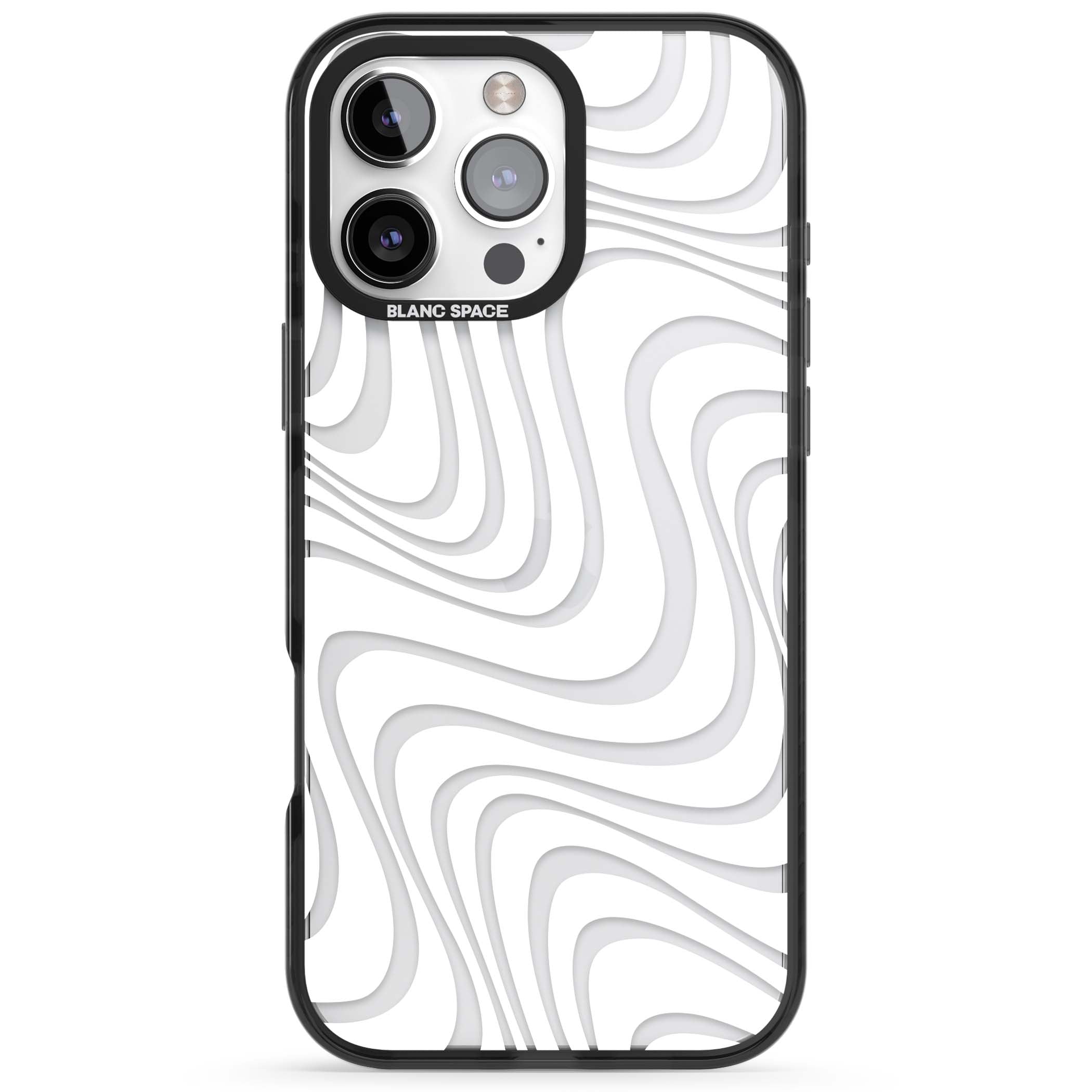 White Abstract Waves abstract iPhone case featuring flowing grey wave pattern on clear background | Black Impact case for iPhone 16 Pro, iPhone 16 Pro Max