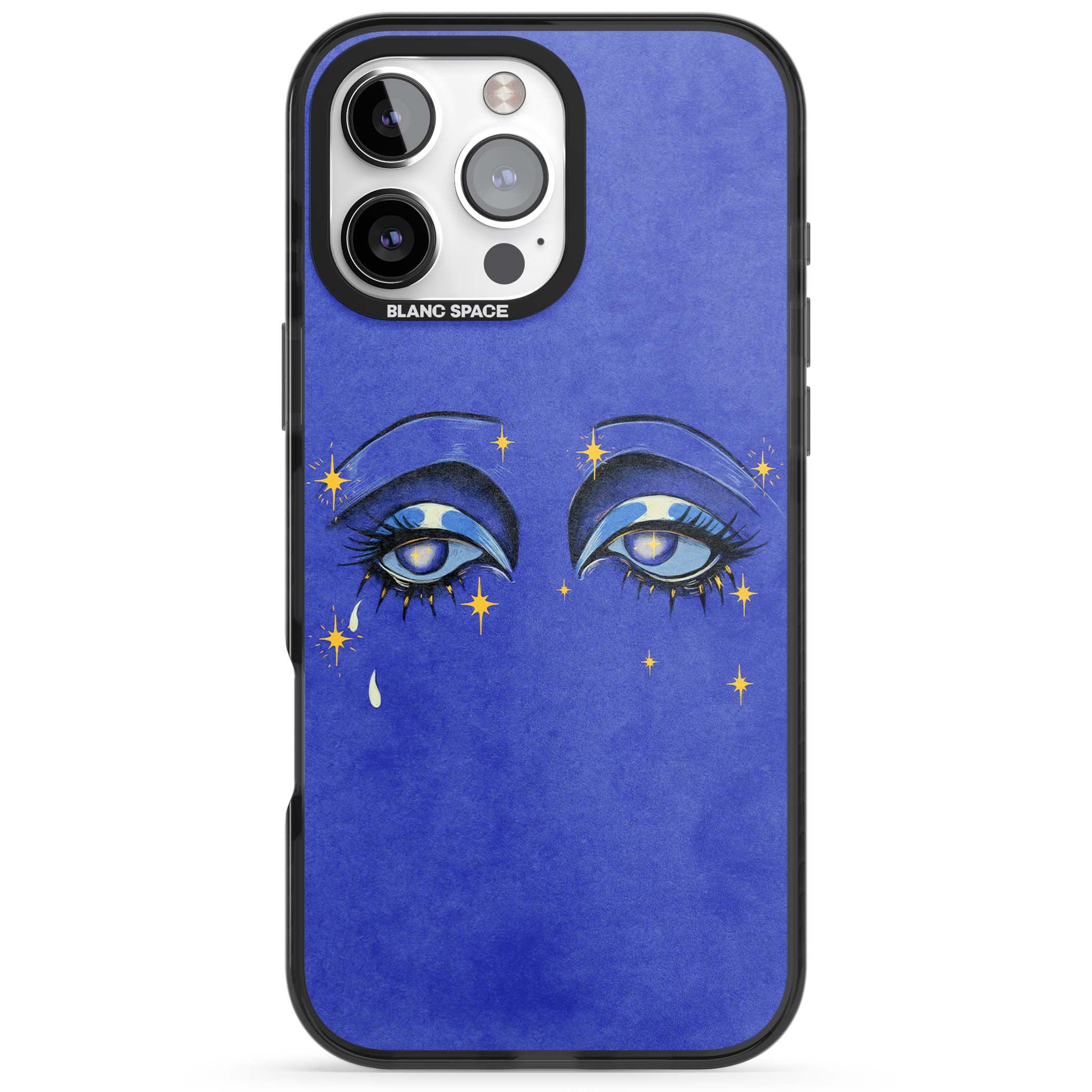 Blue Mystic Eyes celestial iPhone case featuring hand drawn blue mystical eyes, golden stars and a painted tear on indigo | Black Impact case for iPhone 16 Pro, iPhone 16 Pro Max