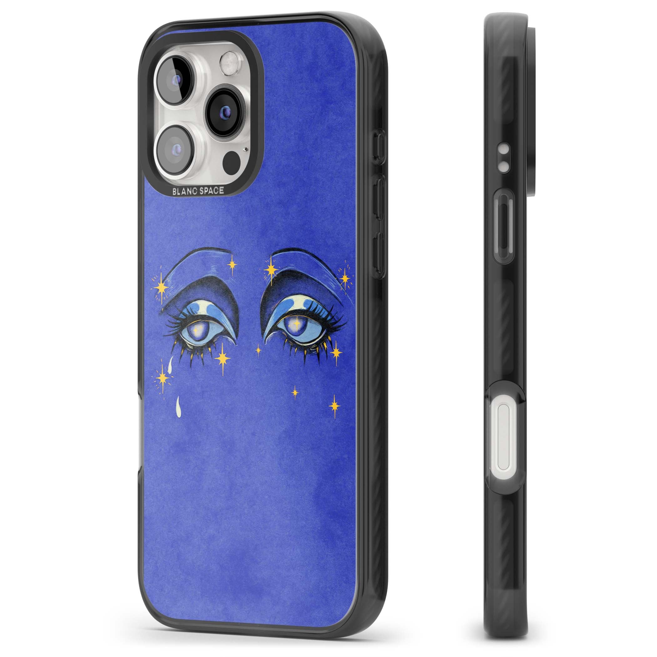 Blue Mystic Eyes celestial iPhone case featuring hand drawn blue mystical eyes, golden stars and a painted tear on indigo | Black Impact case for iPhone 16 Pro, iPhone 16 Pro Max