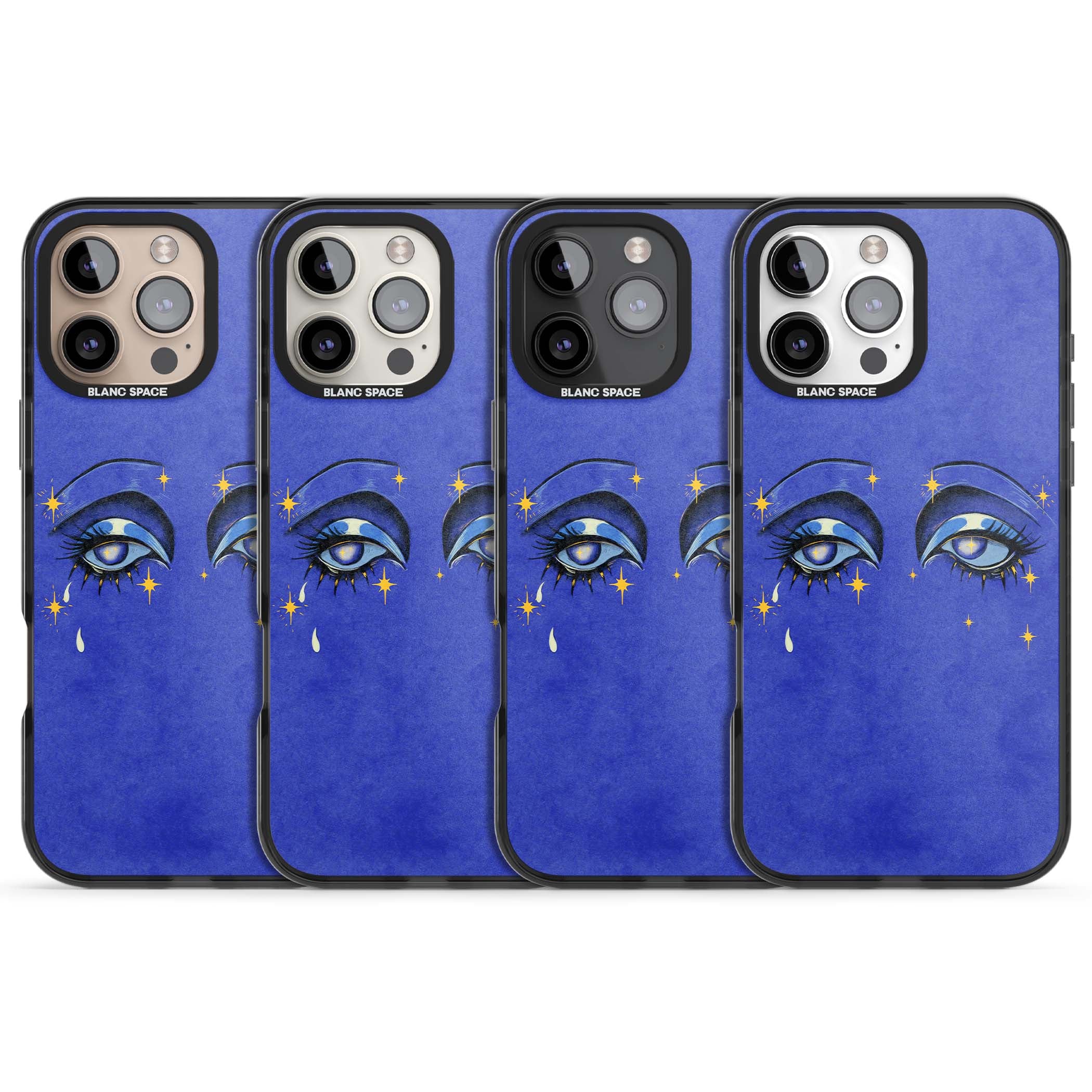 Blue Mystic Eyes celestial iPhone case featuring hand drawn blue mystical eyes, golden stars and a painted tear on indigo | Black Impact case for iPhone 16 Pro, iPhone 16 Pro Max