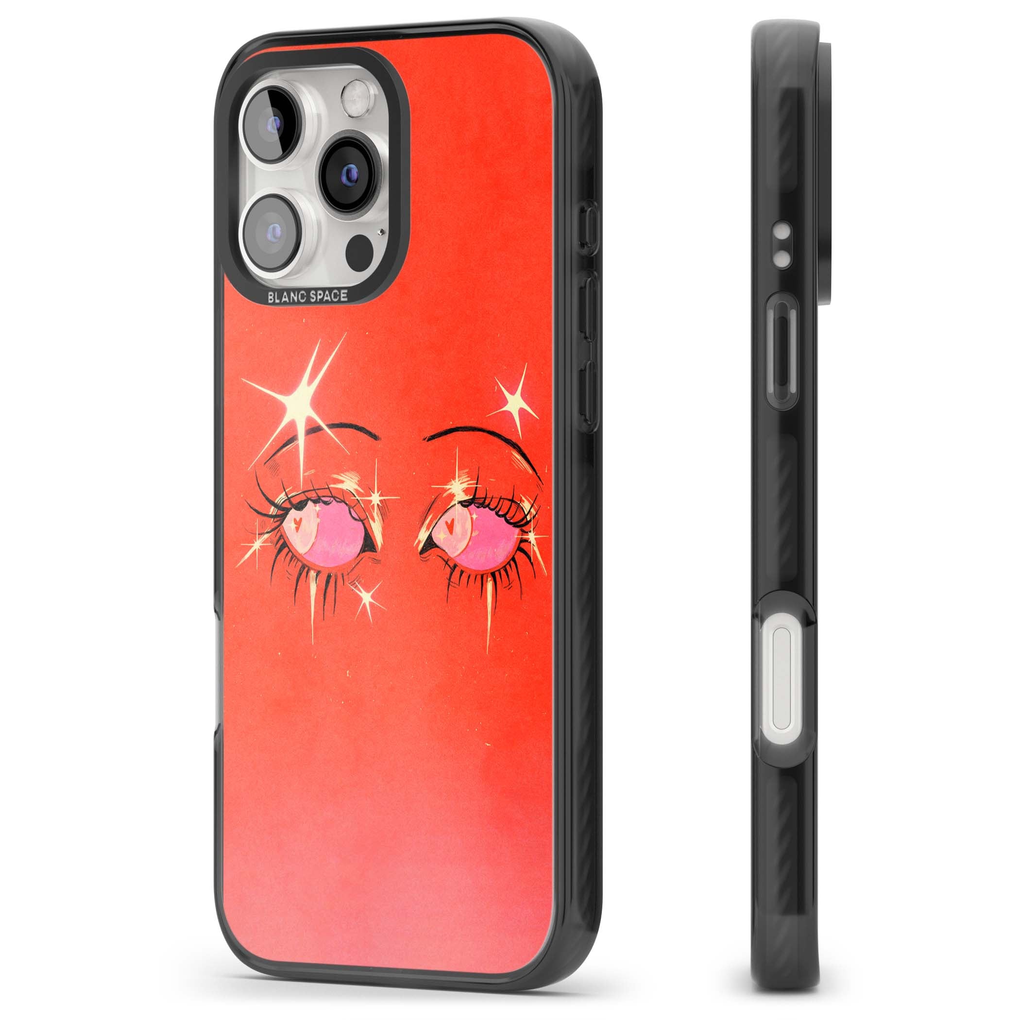 Pink Ethereal Eyes anime iPhone case featuring hand-drawn sparkly eyes with pink hearts and gold stars on red | Black Impact case for iPhone 16 Pro, iPhone 16 Pro Max