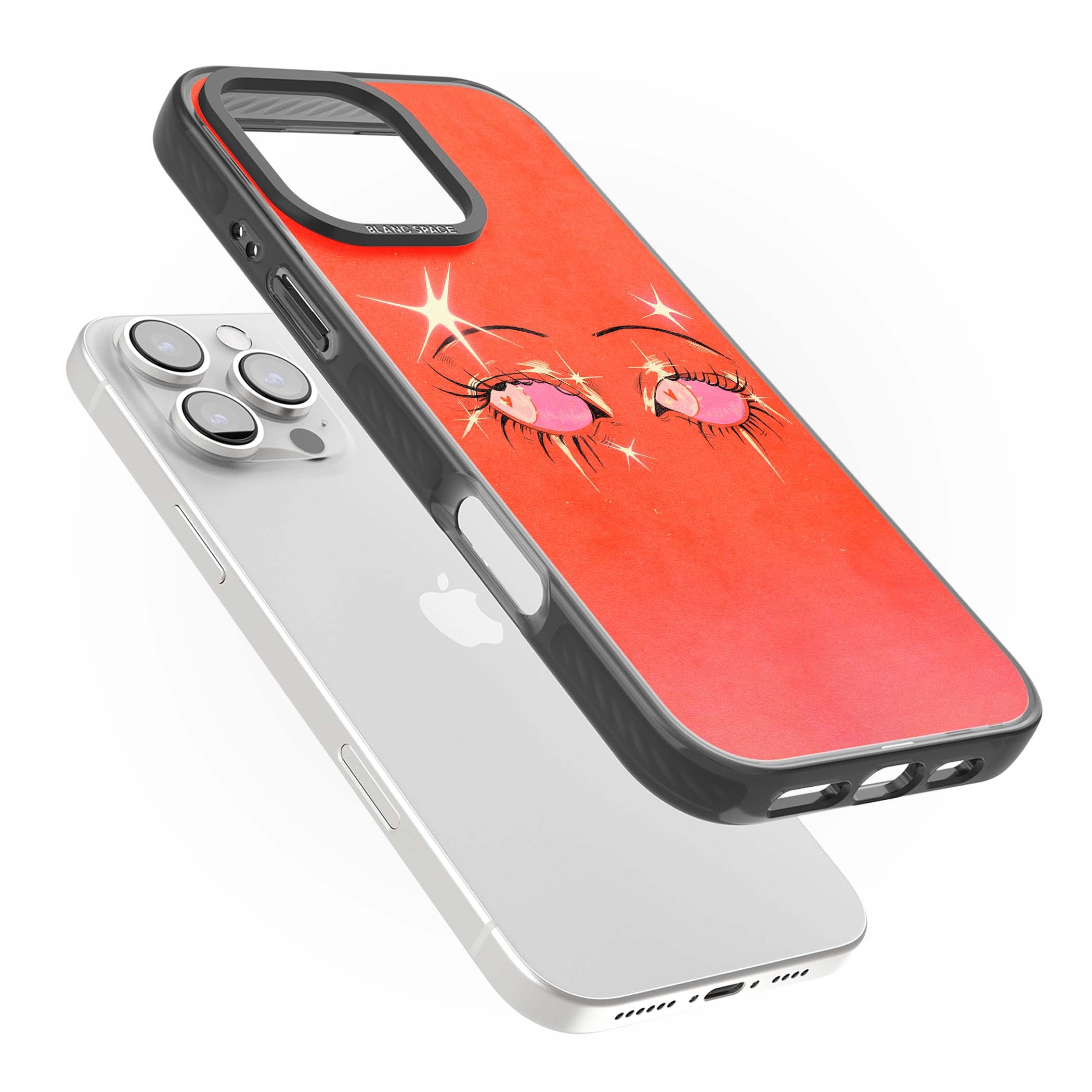 Pink Ethereal Eyes anime iPhone case featuring hand-drawn sparkly eyes with pink hearts and gold stars on red | Black Impact case for iPhone 16 Pro, iPhone 16 Pro Max