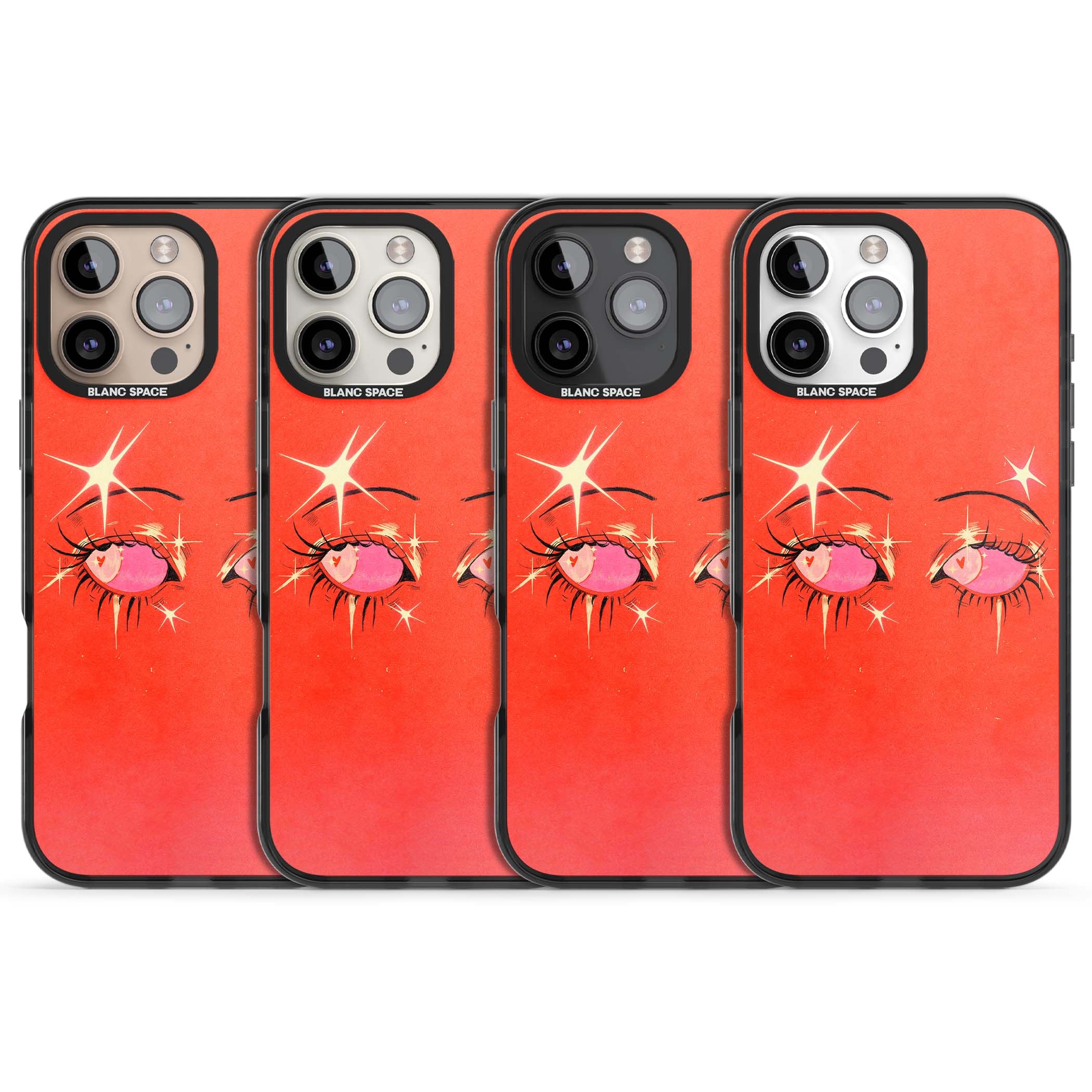 Pink Ethereal Eyes anime iPhone case featuring hand-drawn sparkly eyes with pink hearts and gold stars on red | Black Impact case for iPhone 16 Pro, iPhone 16 Pro Max