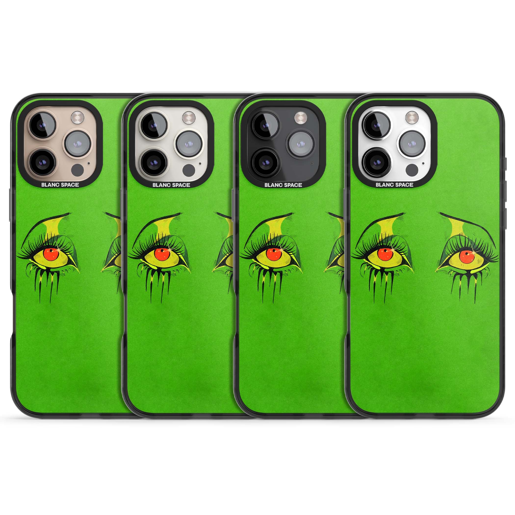 Green Enchanted Eyes psychedelic art iPhone case featuring hand-drawn dripping eyes on neon green background | Black Impact case for iPhone 16 Pro, iPhone 16 Pro Max