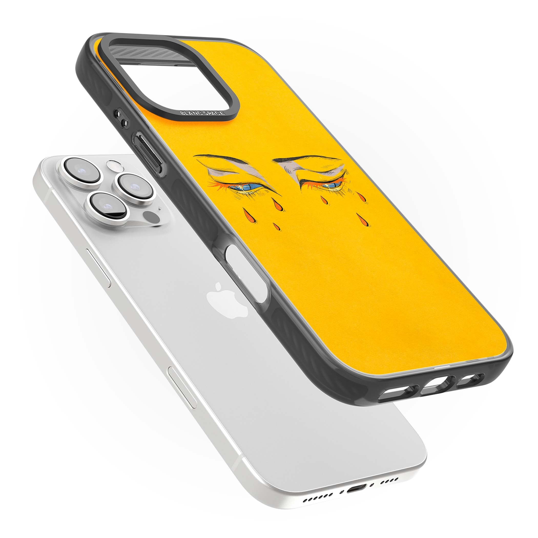 Yellow Tearful Eyes indie iPhone case featuring hand-drawn crying eyes with orange tears on a yellow background | Black Impact case for iPhone 16 Pro, iPhone 16 Pro Max